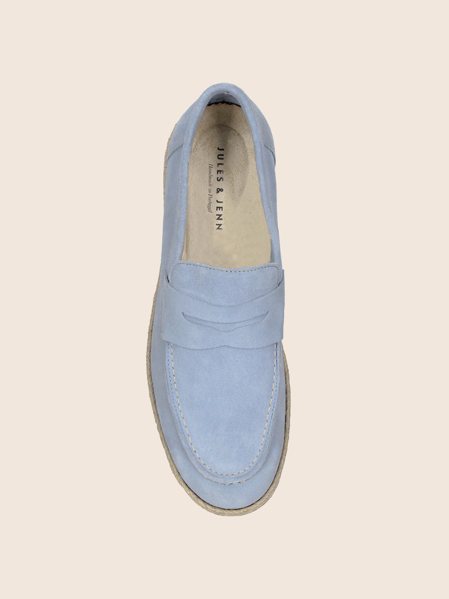 vue dessus mocassins espadrille cuir daim bleu clair jules jenn