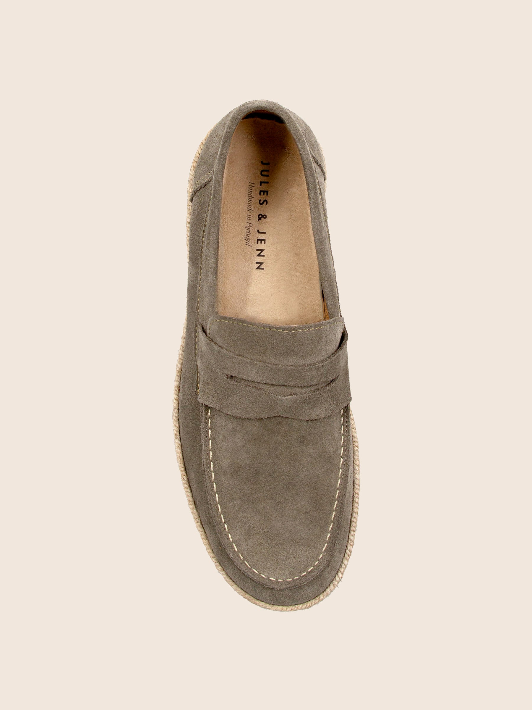 vue dessus mocassins espadrille cuir daim gris jules jenn