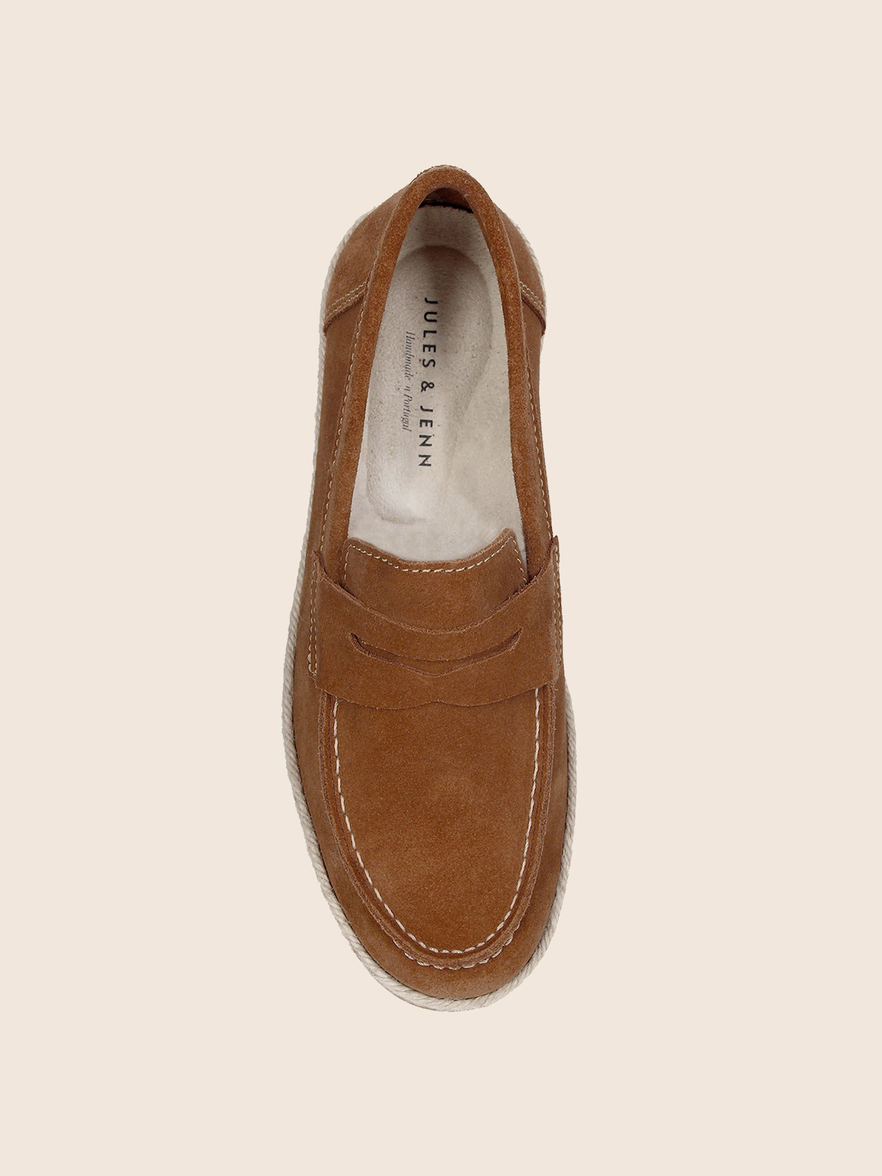 vue dessus mocassins espadrilles cuir daim cognac jules jenn