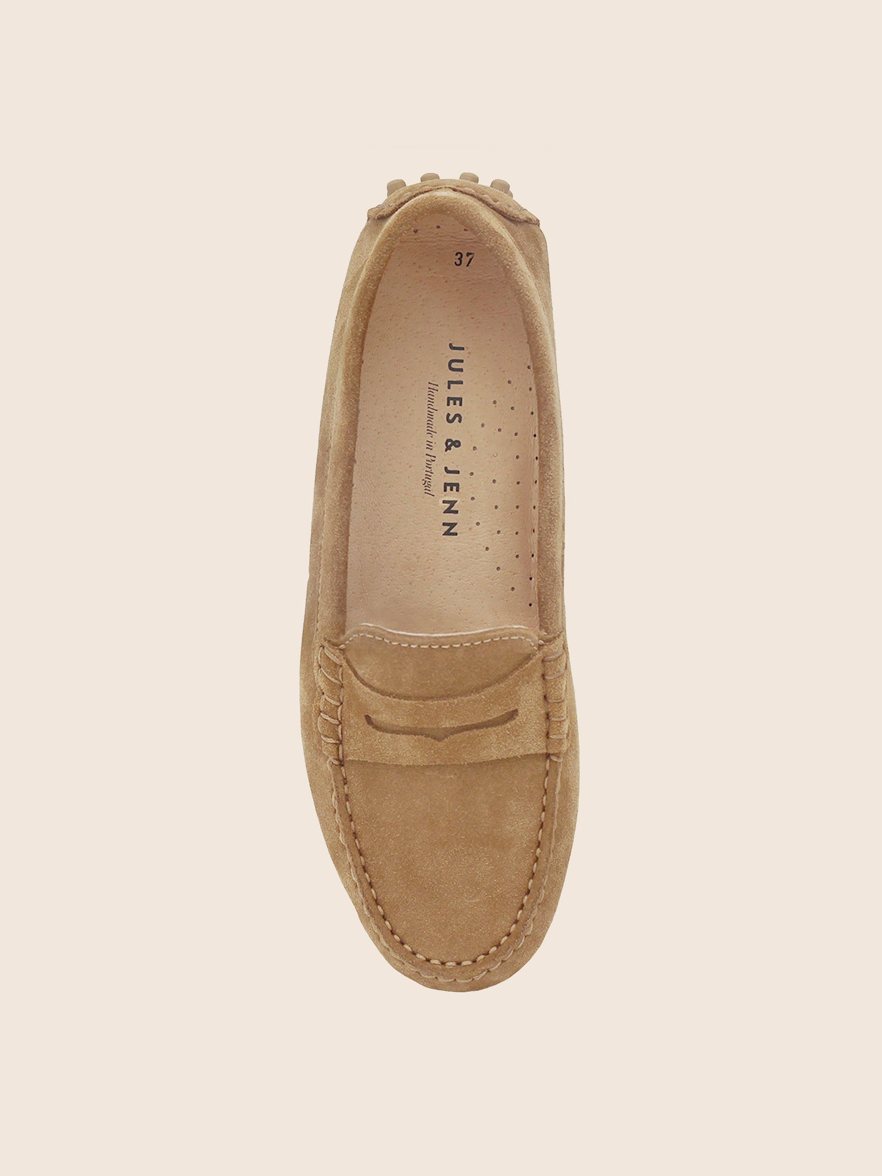 vue dessus mocassins femme cuir daim marron clair jules jenn
