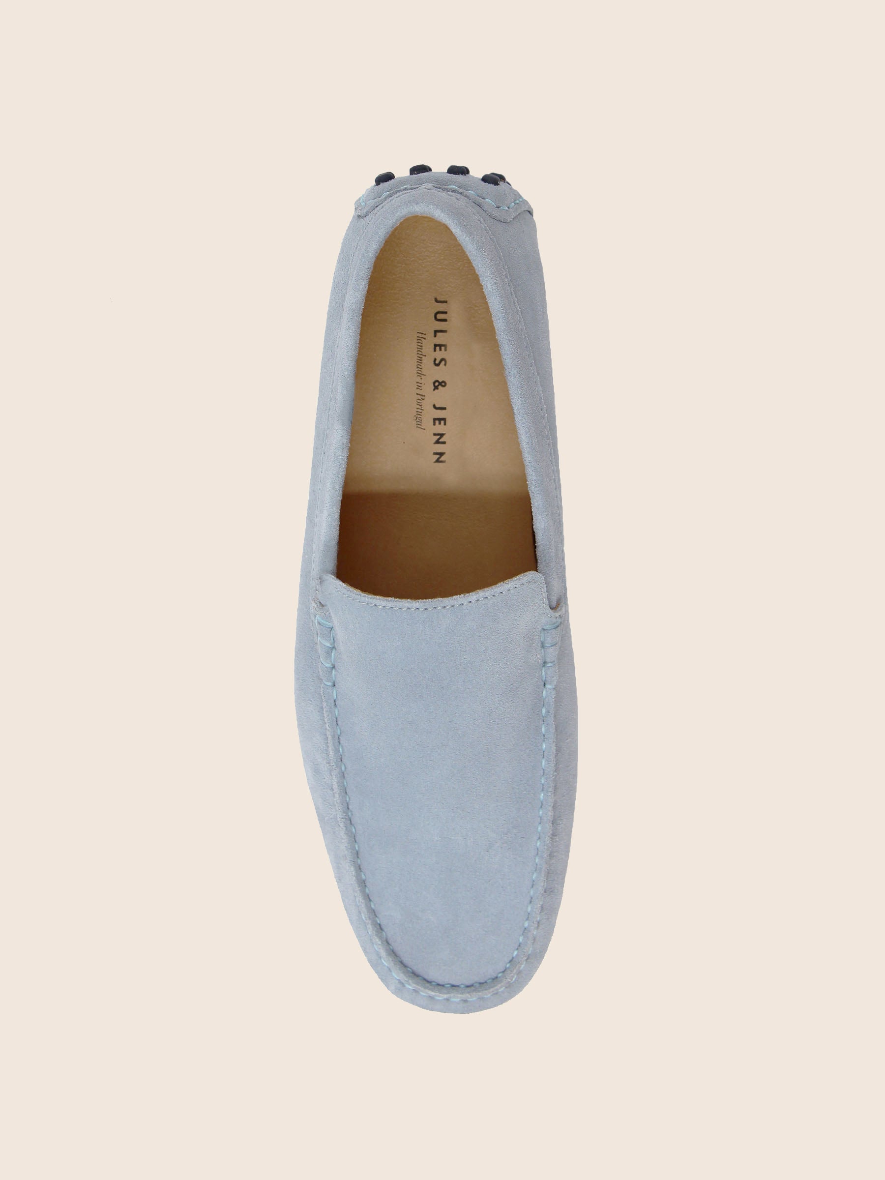 vue dessus mocassins homme cuir daim bleu clair jules jenn