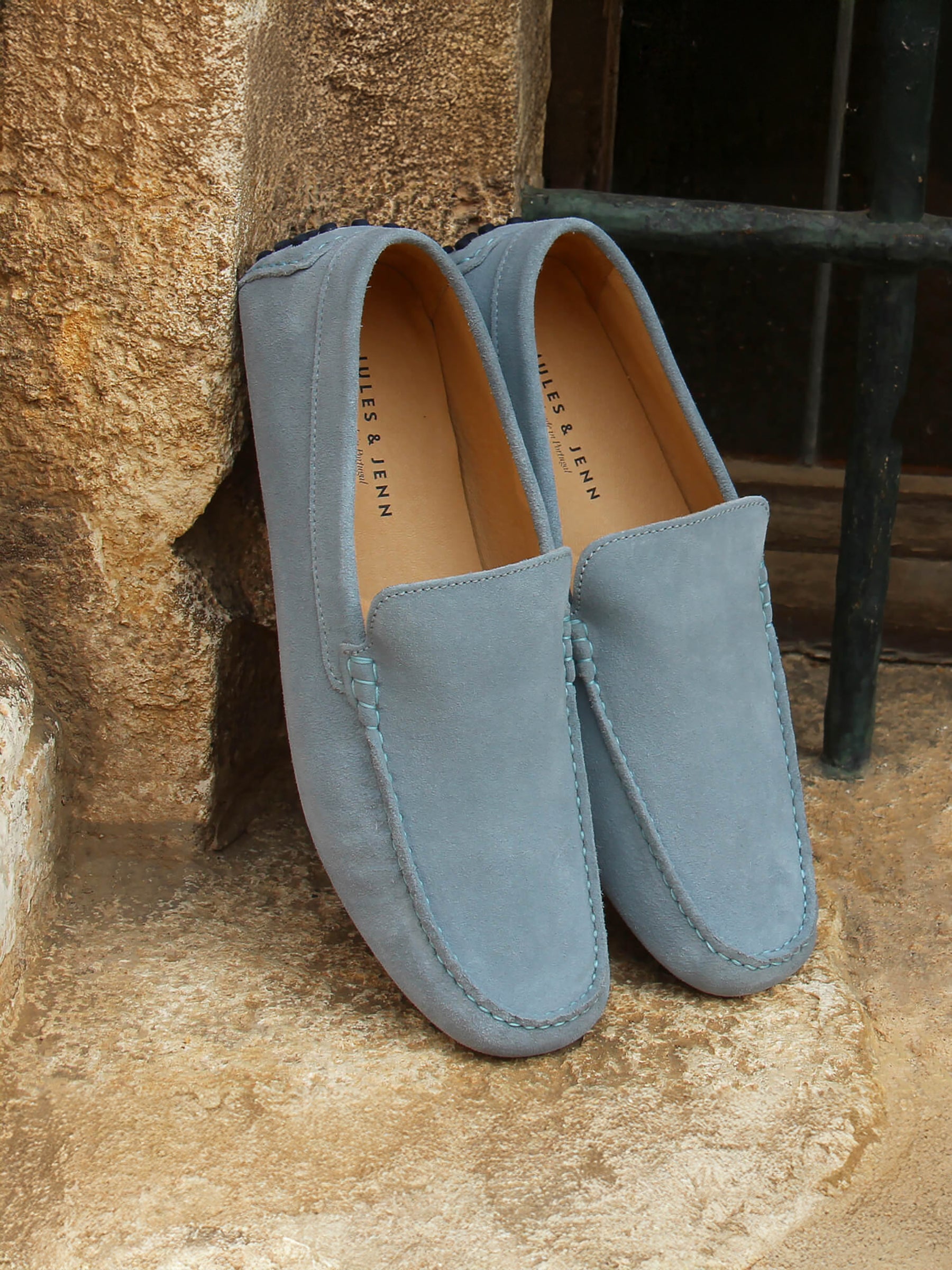 vue posée mocassins homme cuir daim bleu clair jules jenn