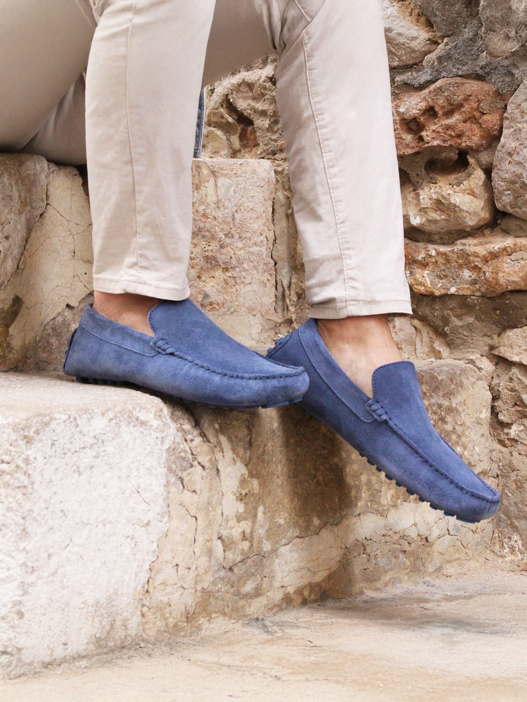 Mocassins homme cuir daim bleu fabriqués main JULES JENN