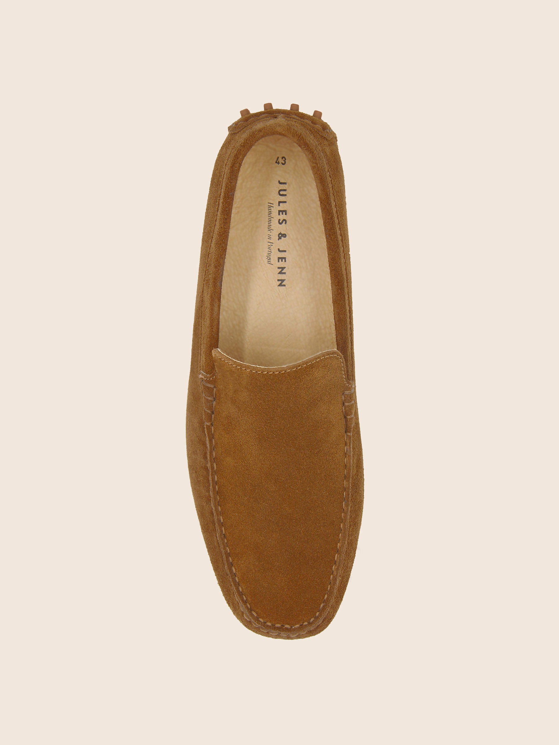 vue dessus mocassins homme cuir daim cognac jules jenn