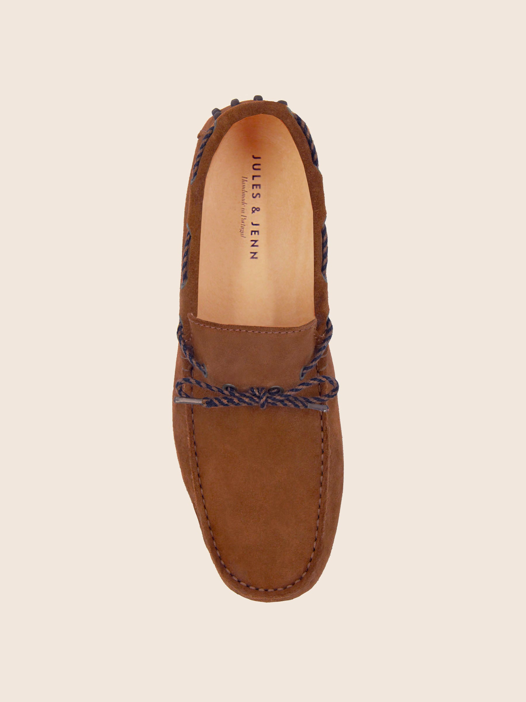 vue dessus mocassins tradition cuir daim cognac jules jenn