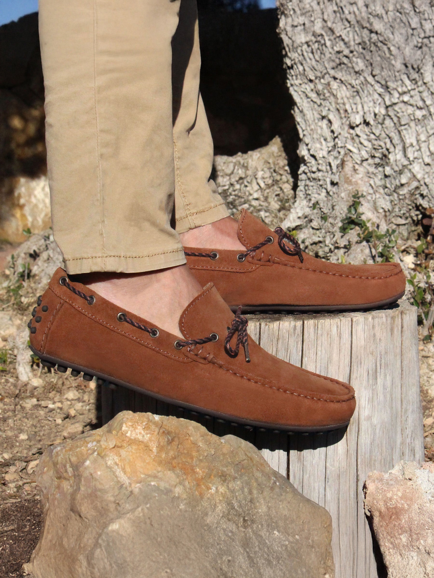vue portée mocassins tradition cuir daim cognac jules jenn
