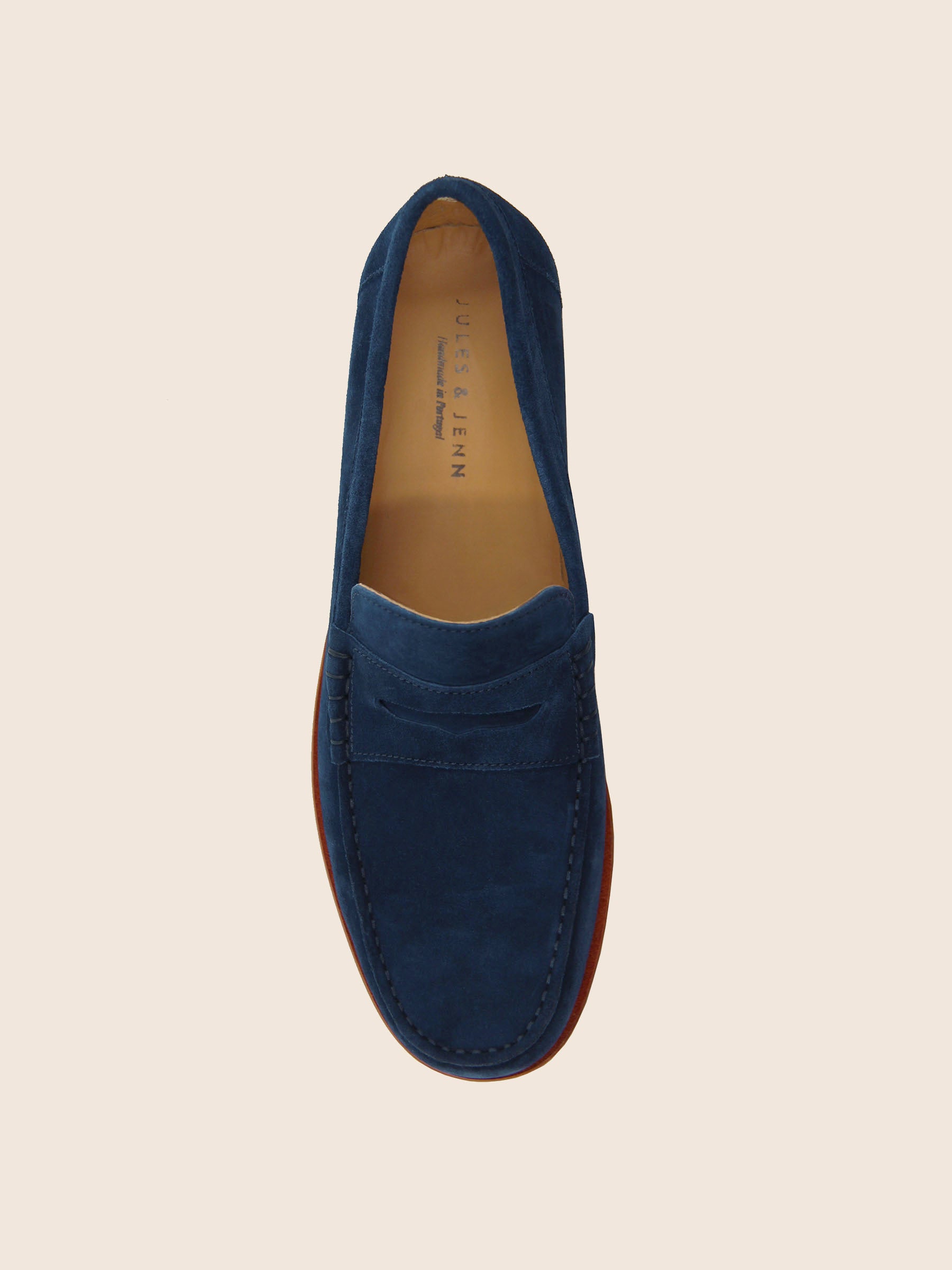 vue dessus mocassins urbains cuir daim bleu jules jenn