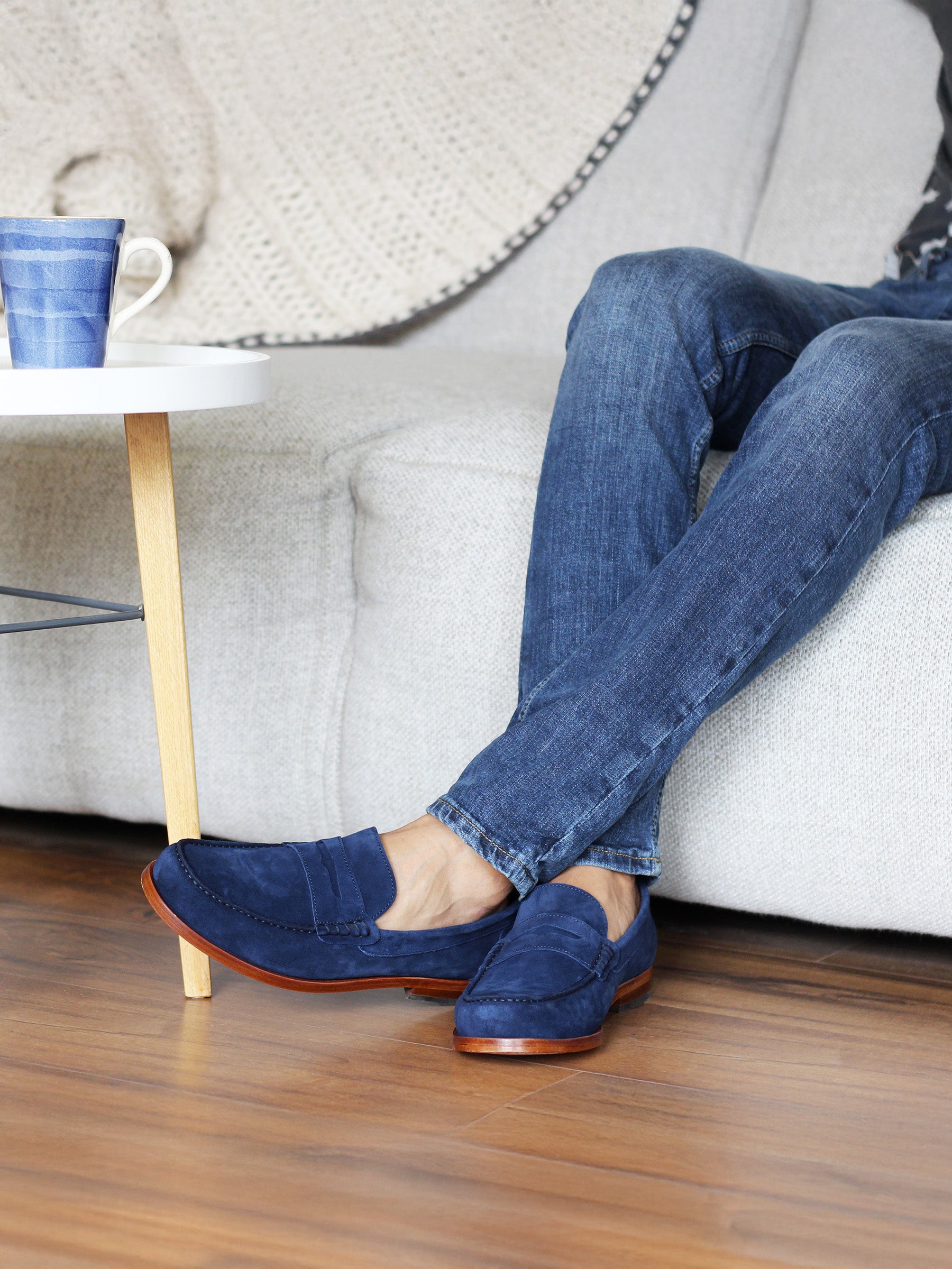 vue portée mocassins urbains cuir daim bleu jules jenn