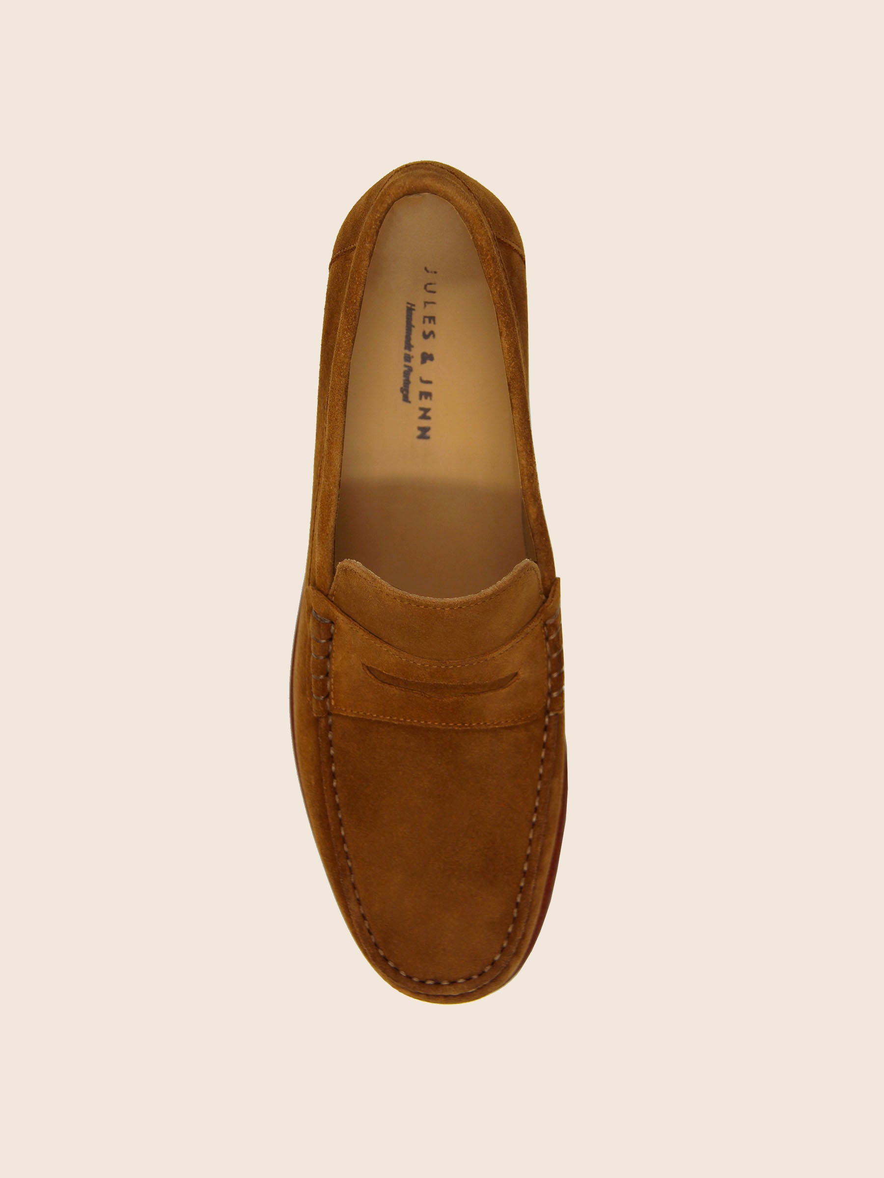 vue dessus mocassins urbains cuir daim cognac jules jenn