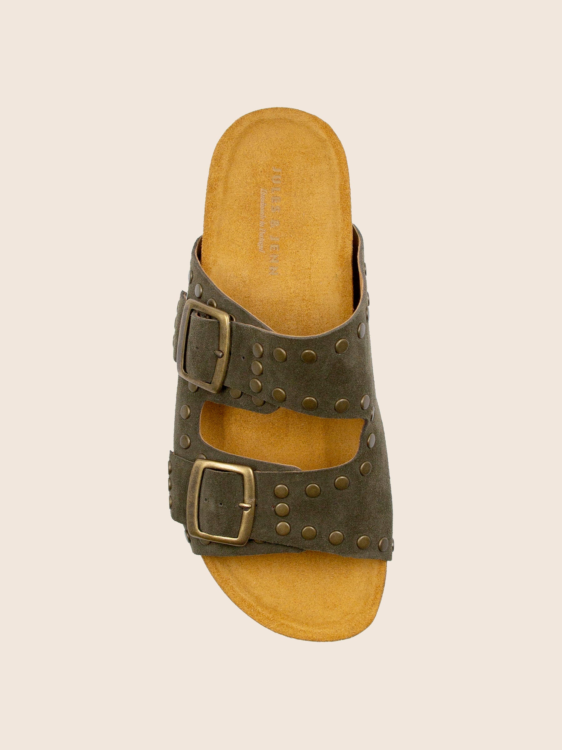 vue dessus mules liege clous cuir daim kaki jules jenn