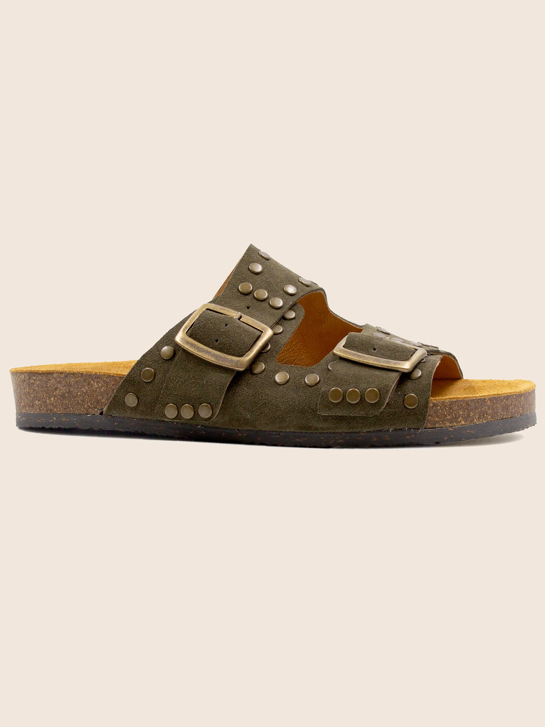 vue profil mules liege clous cuir daim kaki jules jenn