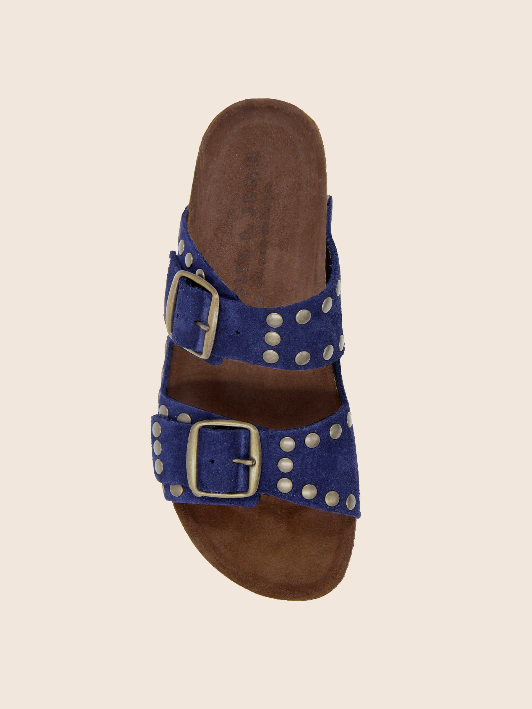 vue dessus mules liege cloutees cuir daim bleu jules jenn