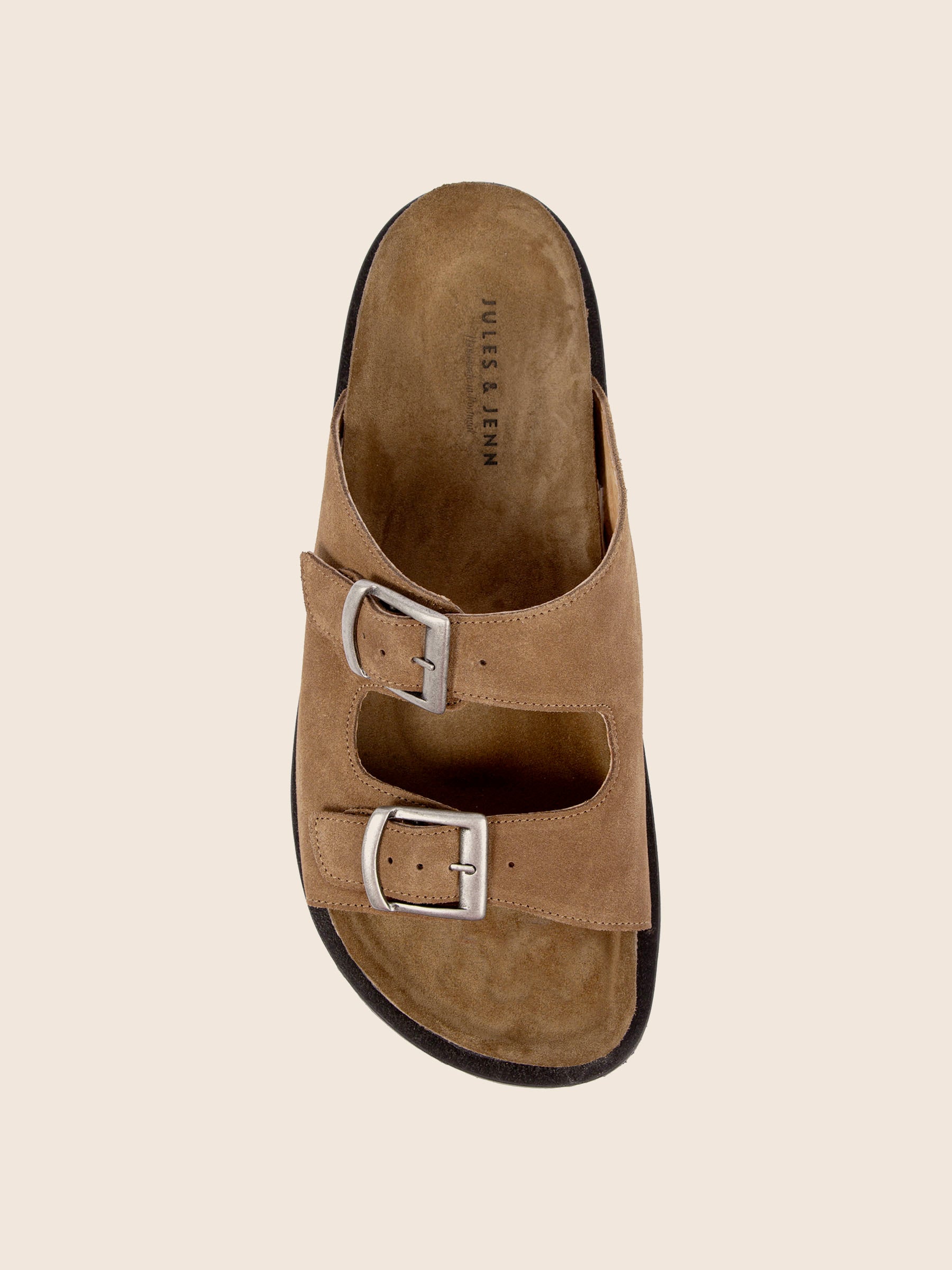 vue dessus mules liege cuir daim cognac jules jenn