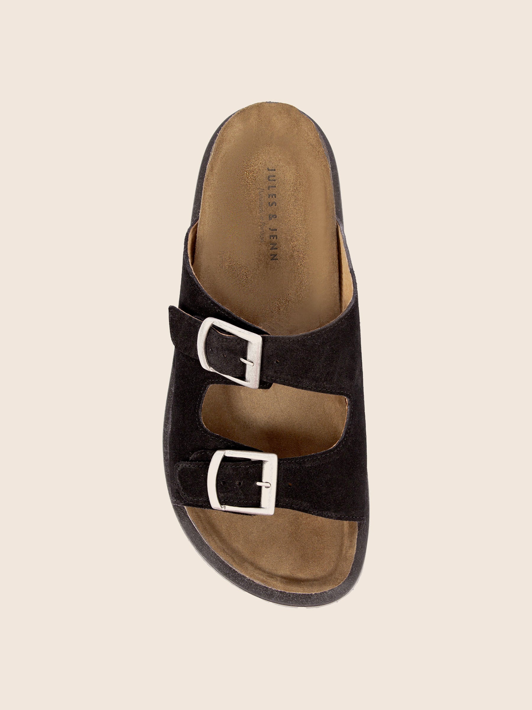 vue dessus mules liege cuir daim noir jules jenn