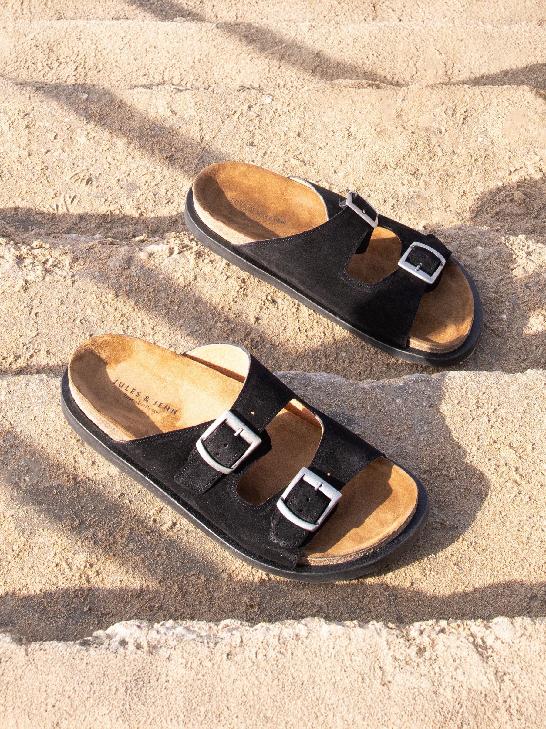 vue posée mules liege cuir daim noir jules jenn