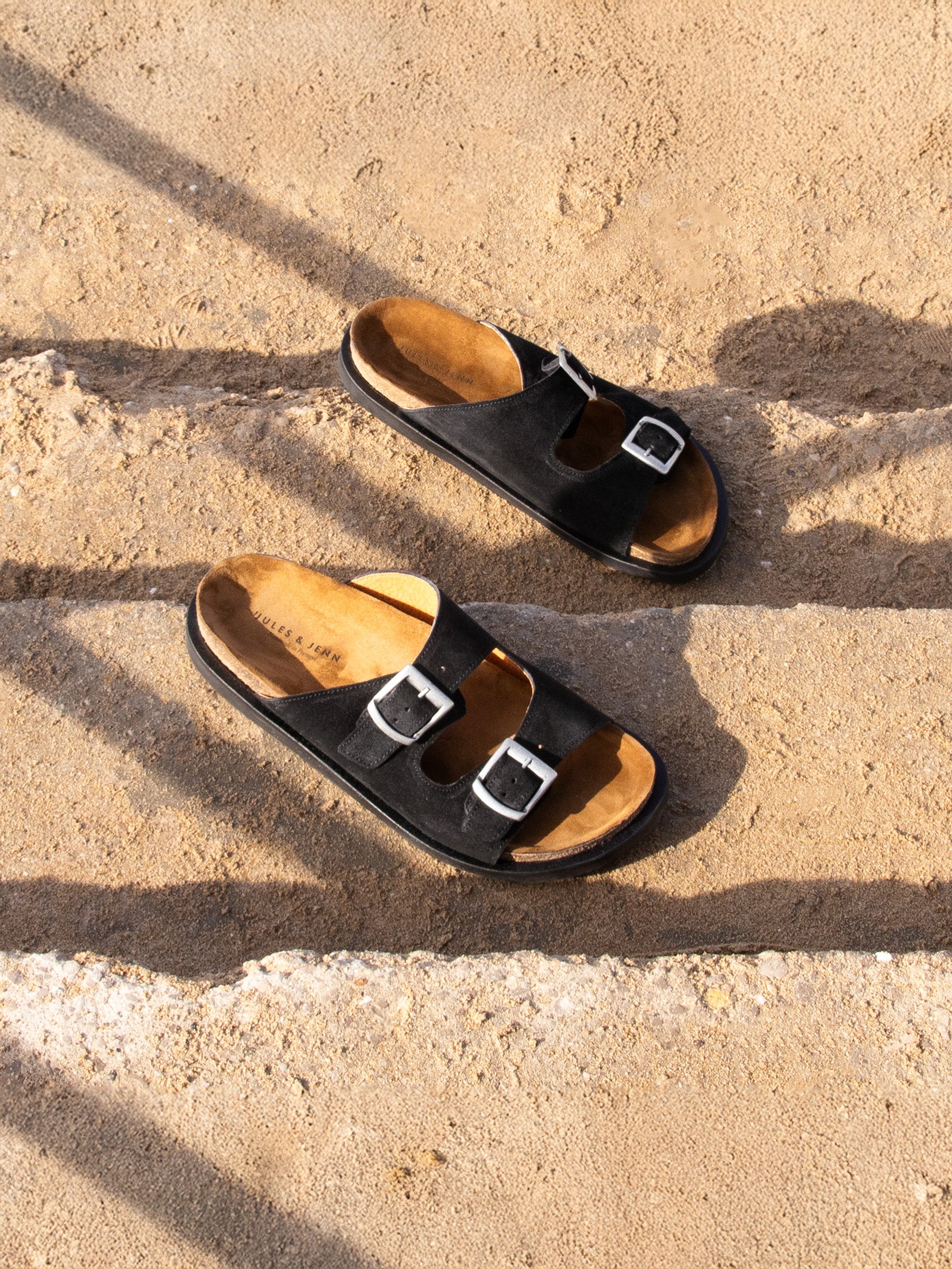 vue posée mules liege cuir daim noir jules jenn