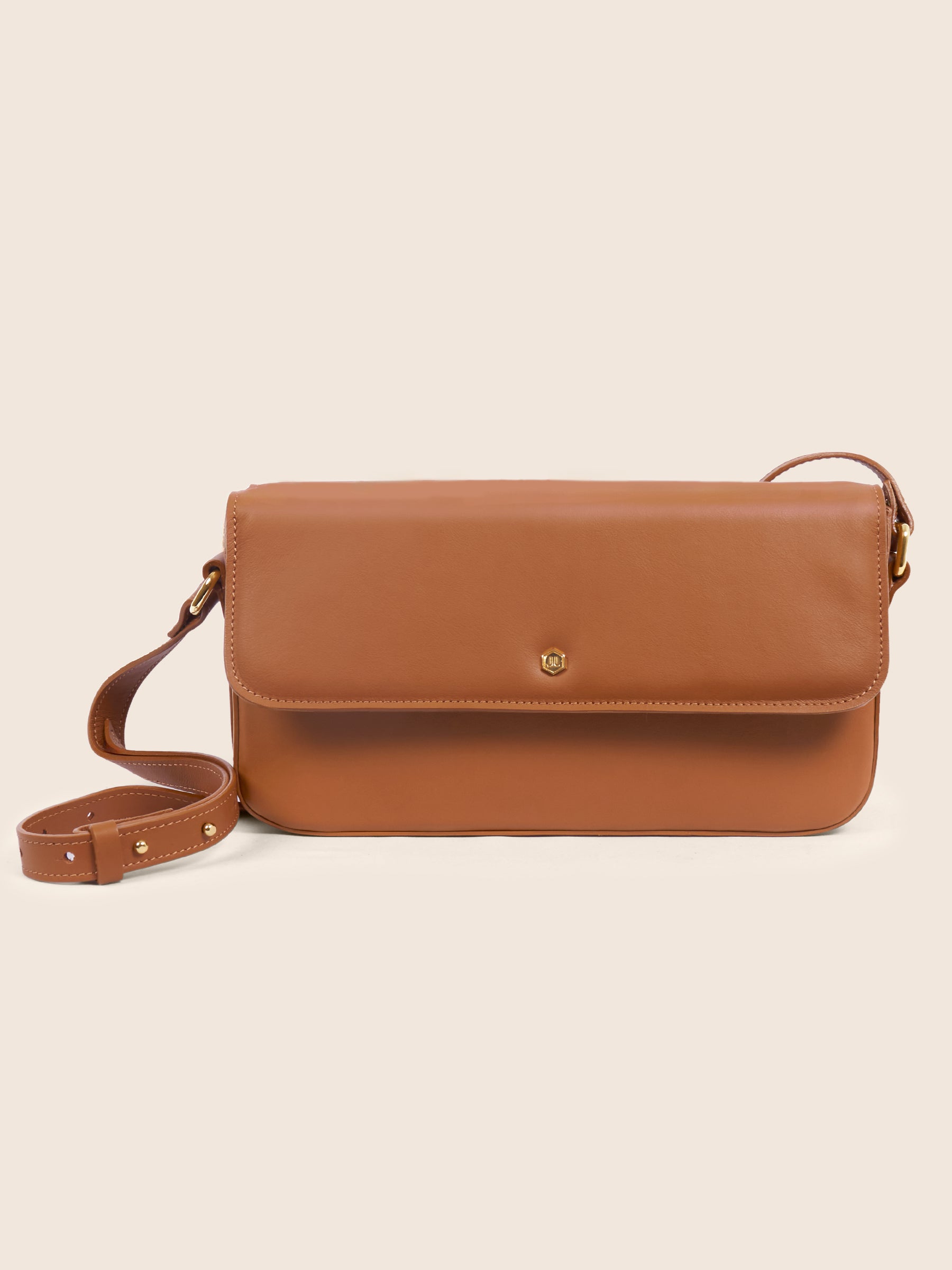 sac baguette cuir cognac vue face jules jenn