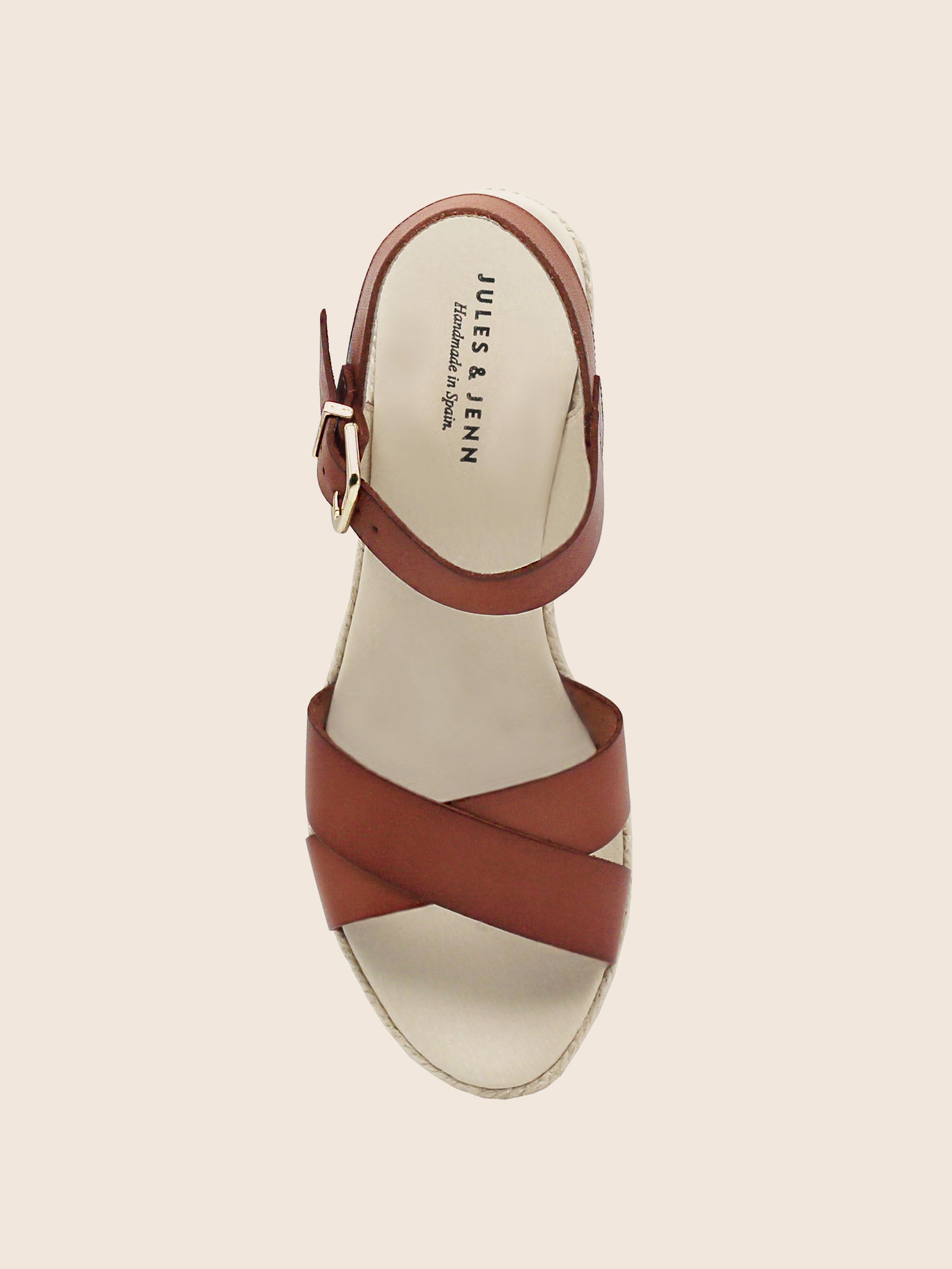 vue dessus sandales compensees cuir camel jules jenn