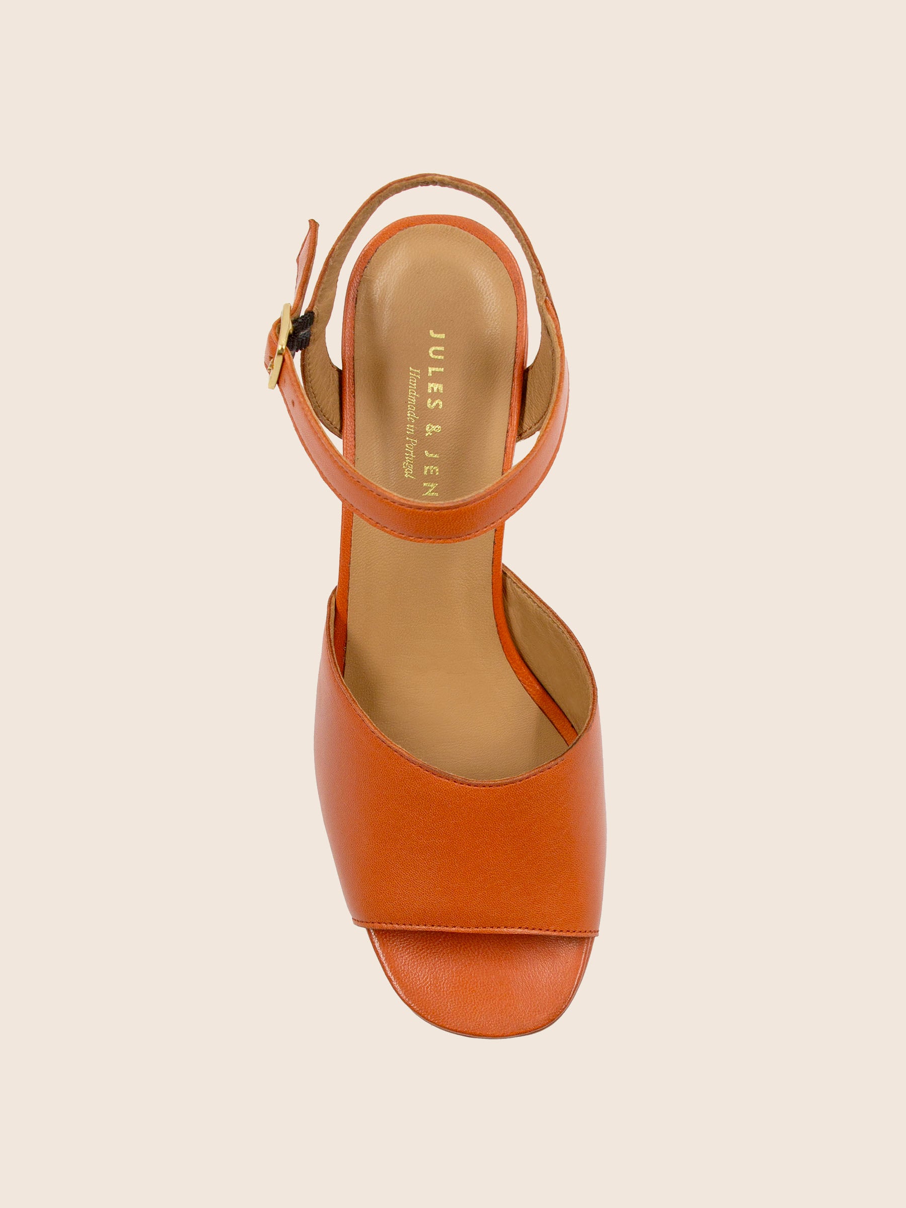 vue dessus sandales plateforme cuir orange jules jenn