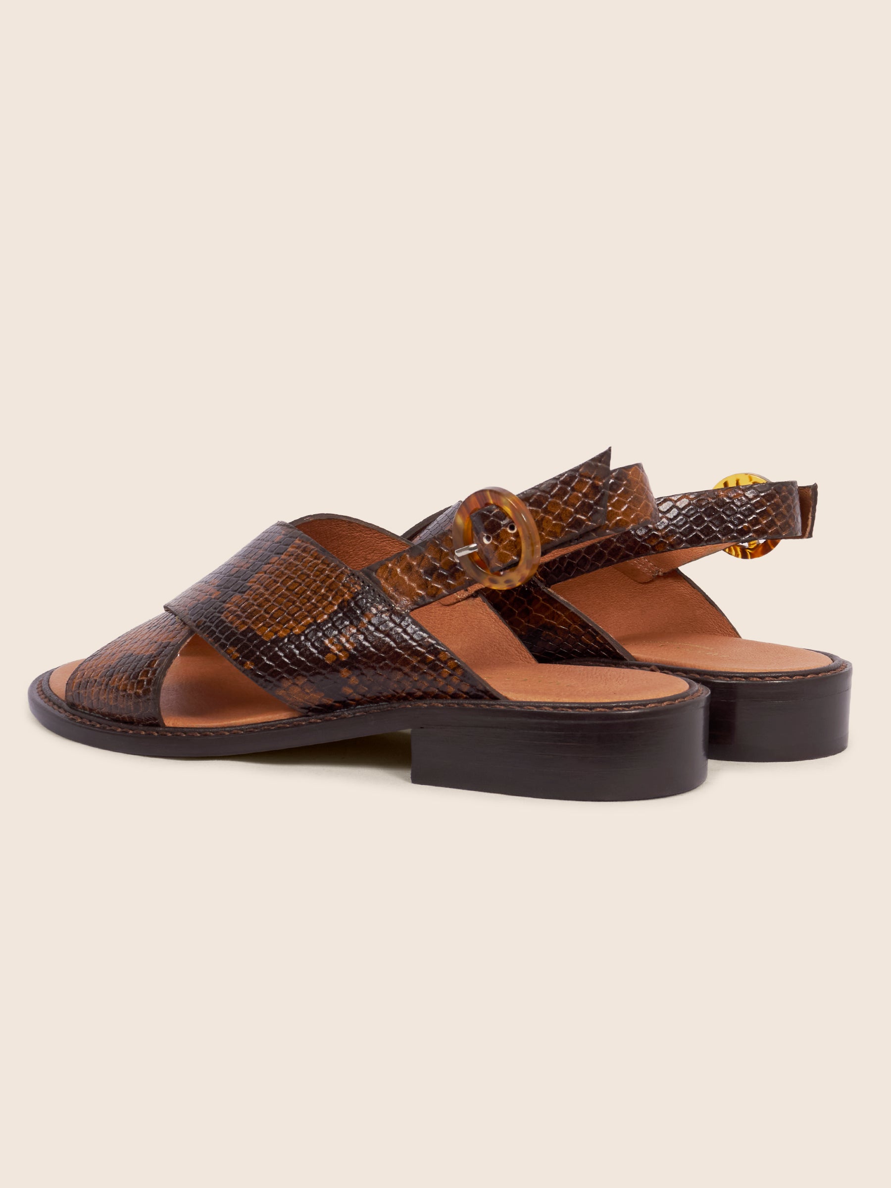 photo vue arrière sandales plates boucle ecaille cuir imprime python jules jenn