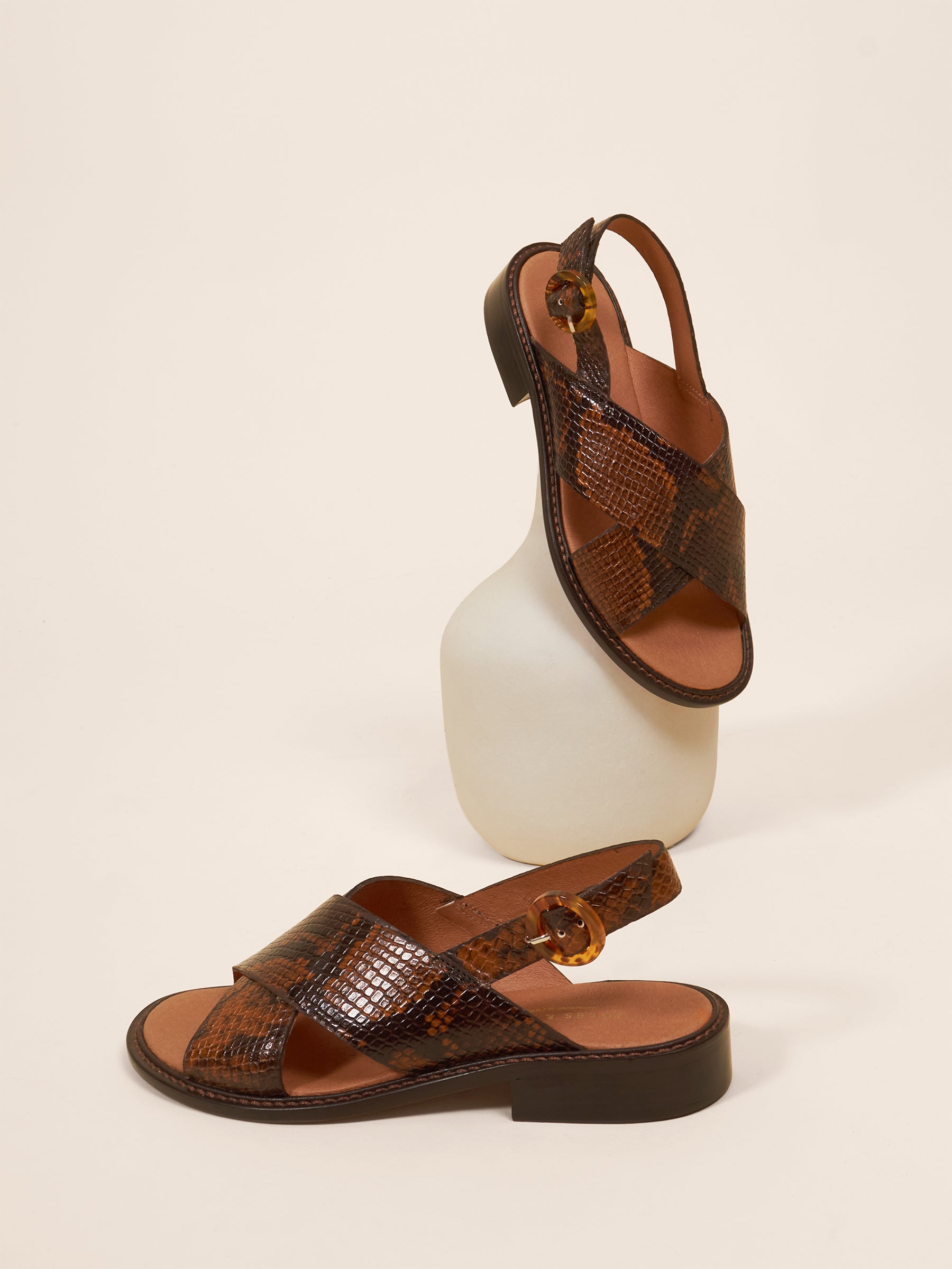 photo vue posée sandales plates boucle ecaille cuir imprime python jules jenn