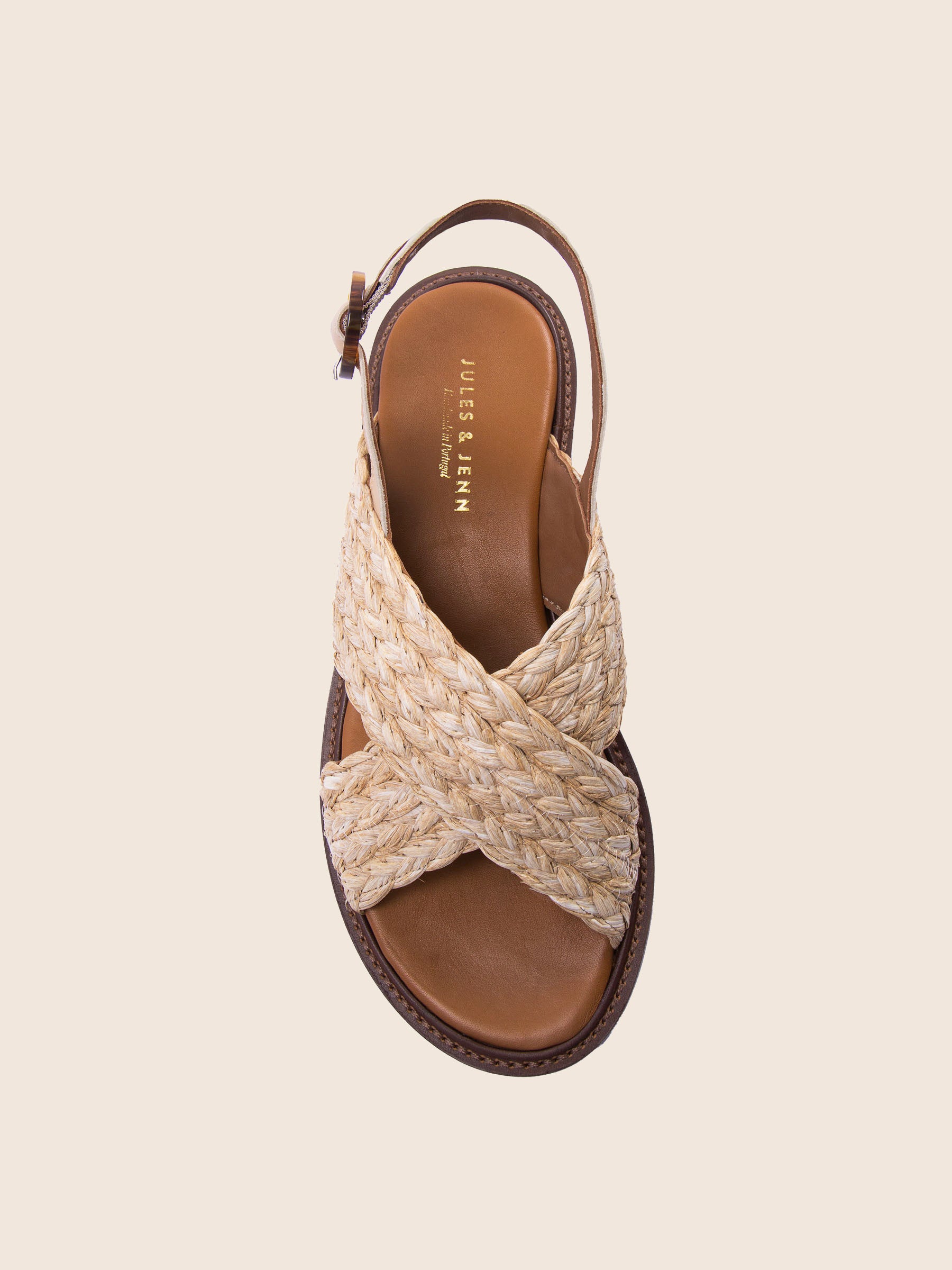 vue dessus sandales plates boucle ecaille raphia jules jenn