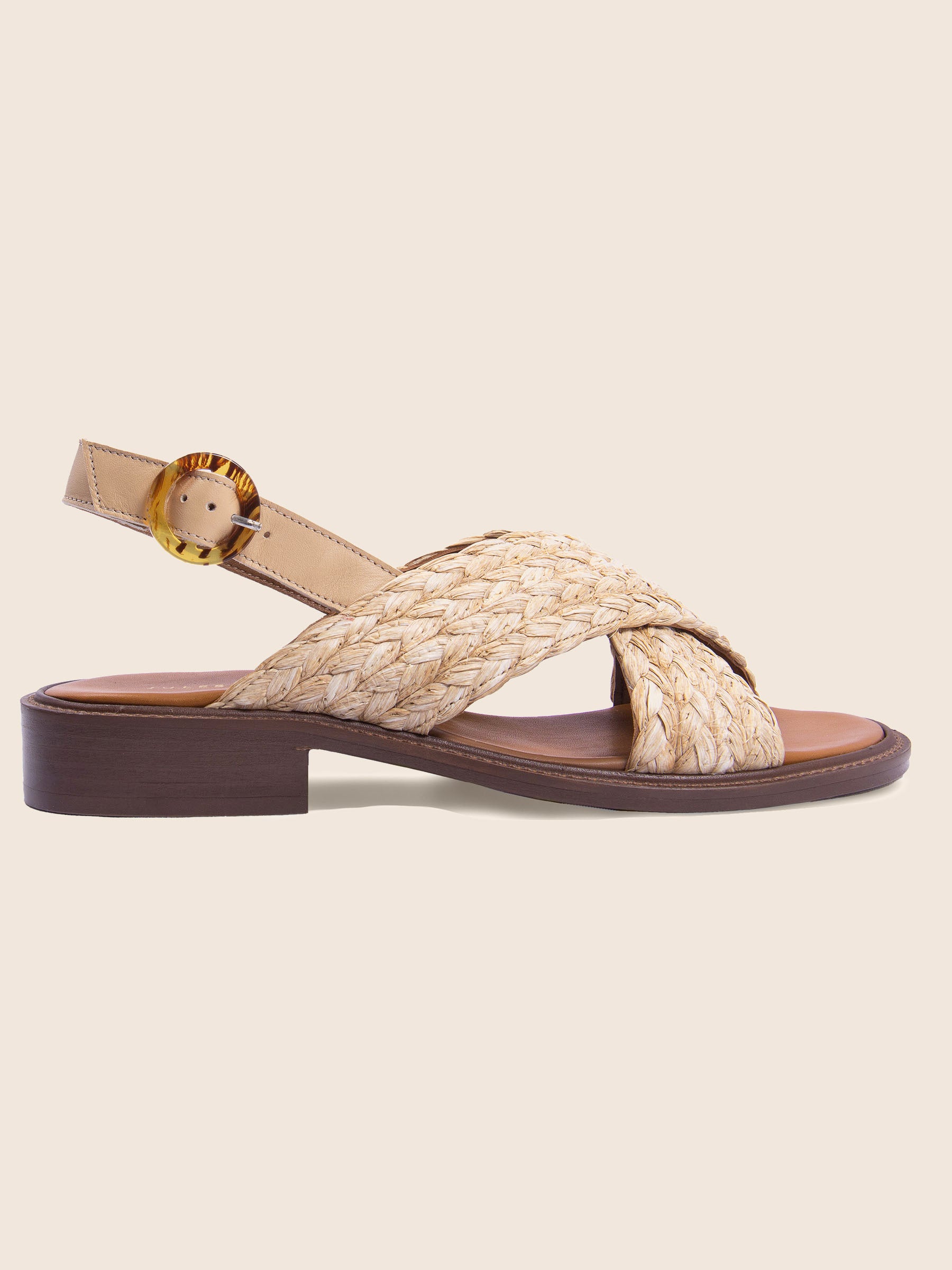 vue profil sandales plates boucle ecaille raphia jules jenn