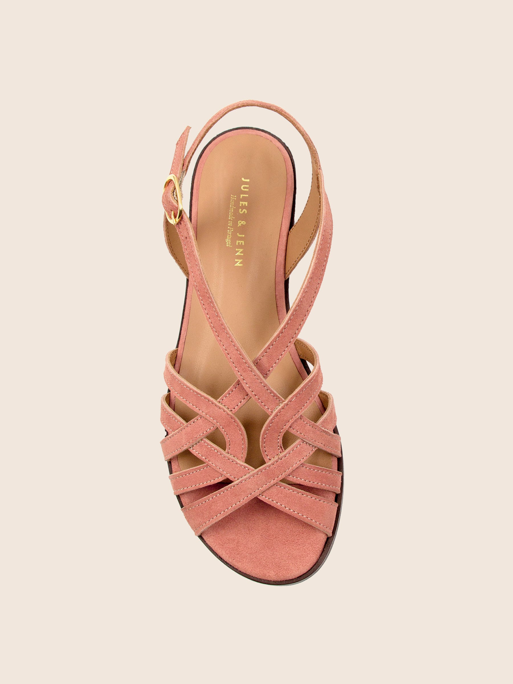 vue dessus sandales plates brides cuir daim rose jules jenn