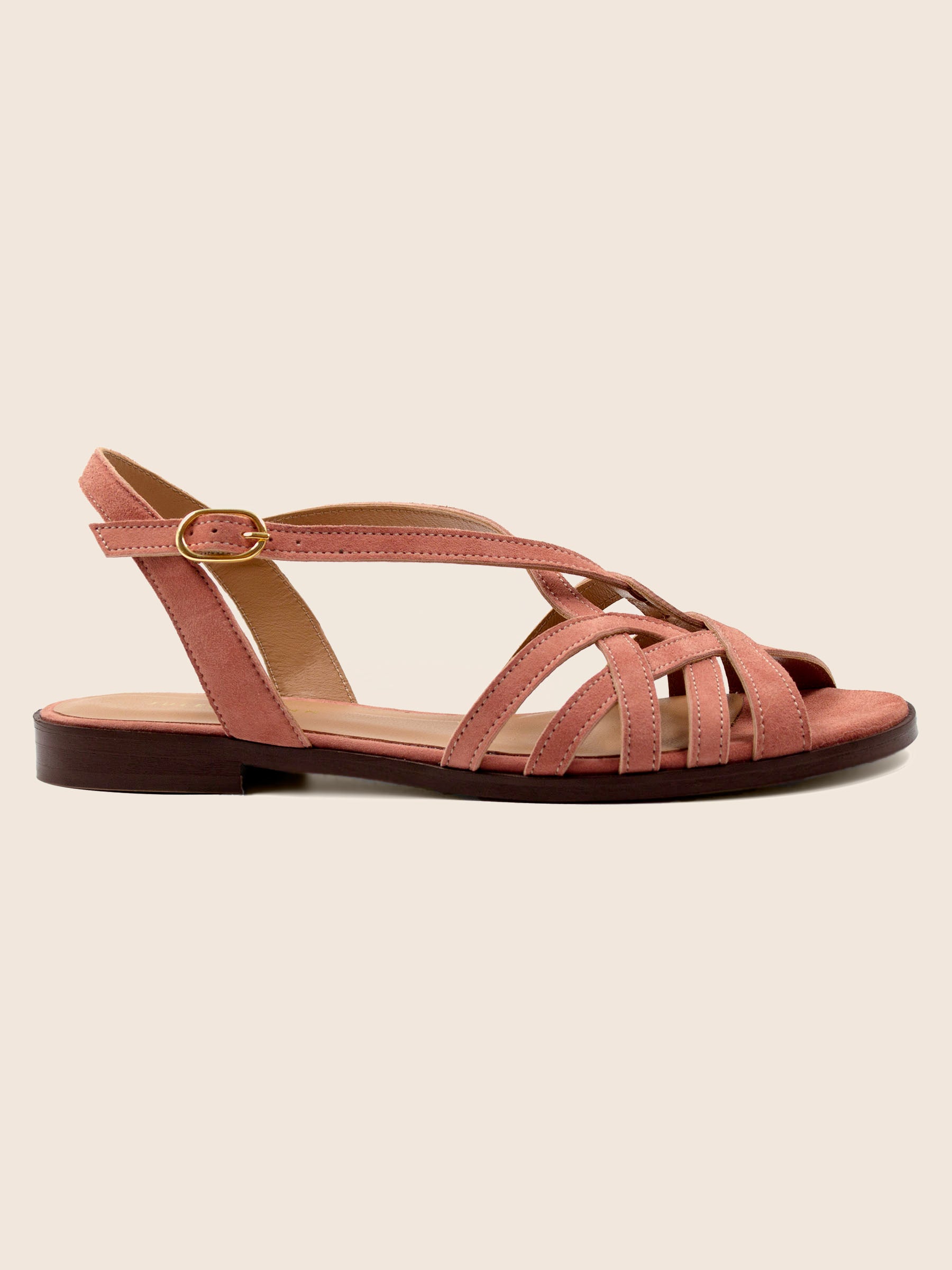 vue profil sandales plates brides cuir daim rose jules jenn