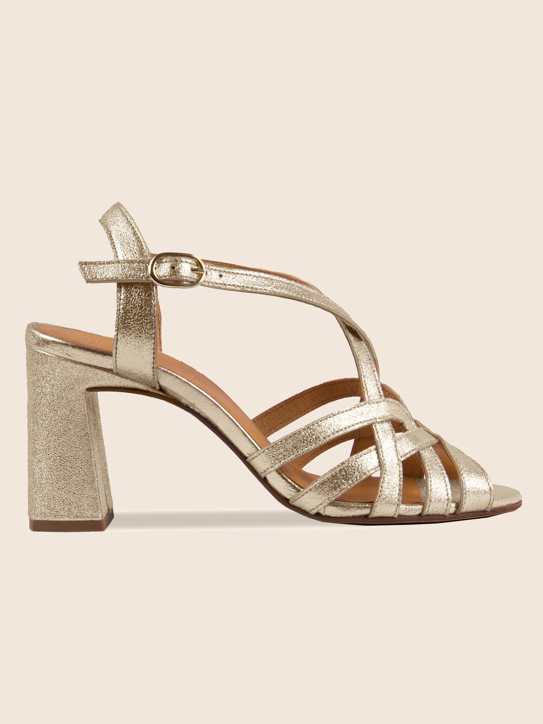 vue profil sandales talon brides croisees cuir dore jules jenn