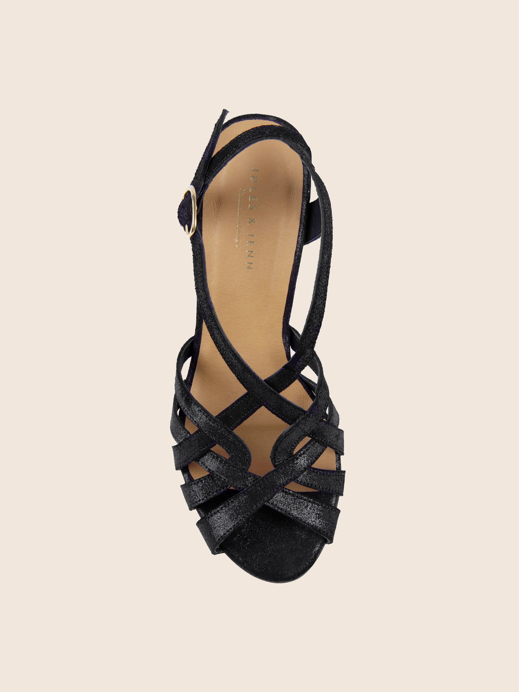 vue dessus sandales talon brides croisees cuir irise noir jules jenn
