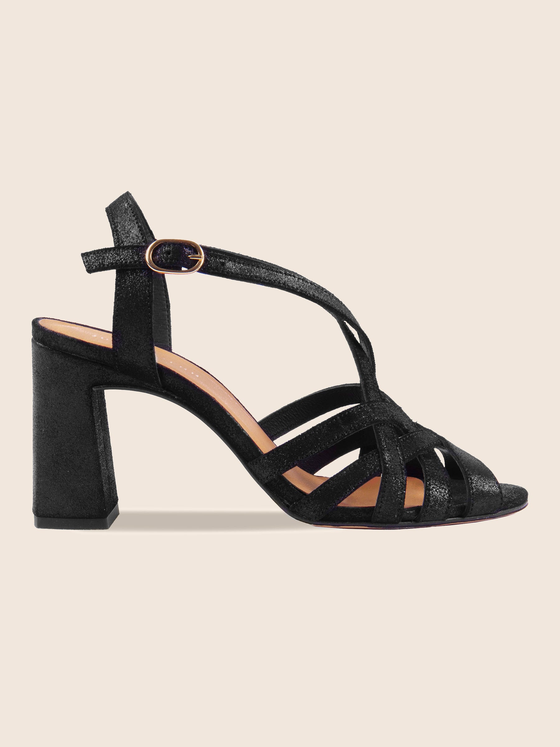 vue profil sandales talon brides croisees cuir irise noir jules jenn