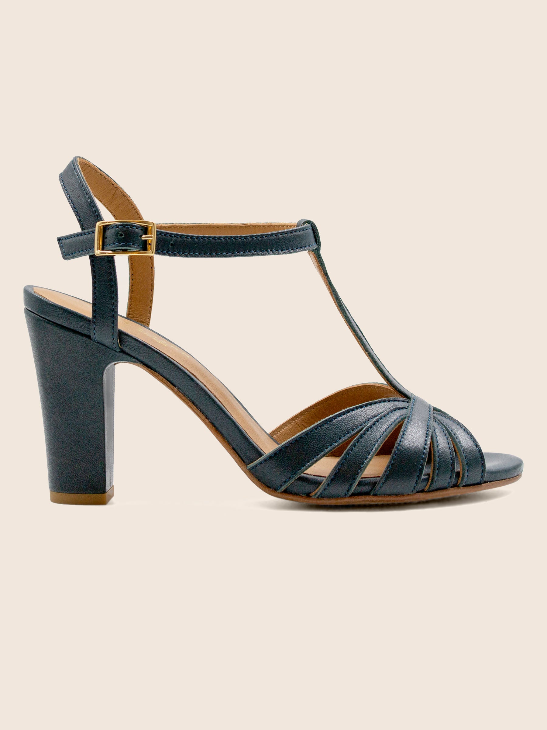 vue profil sandales talon brides cuir vert jules jenn