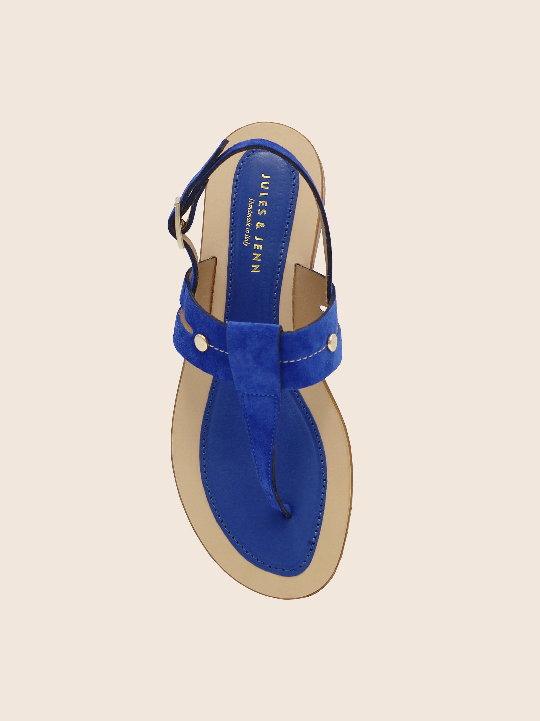 vue dessus sandales tropeziennes cuir daim bleu royal jules jenn