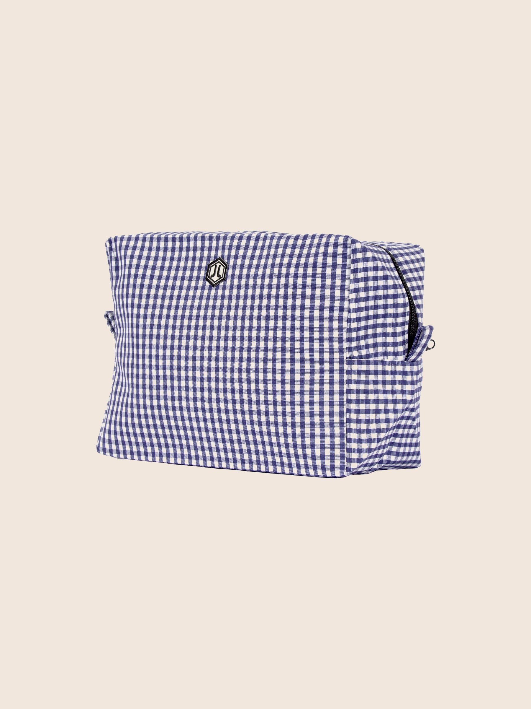 vue 3/4 trousse grand modele toile recyclee blanc bleu jules jenn