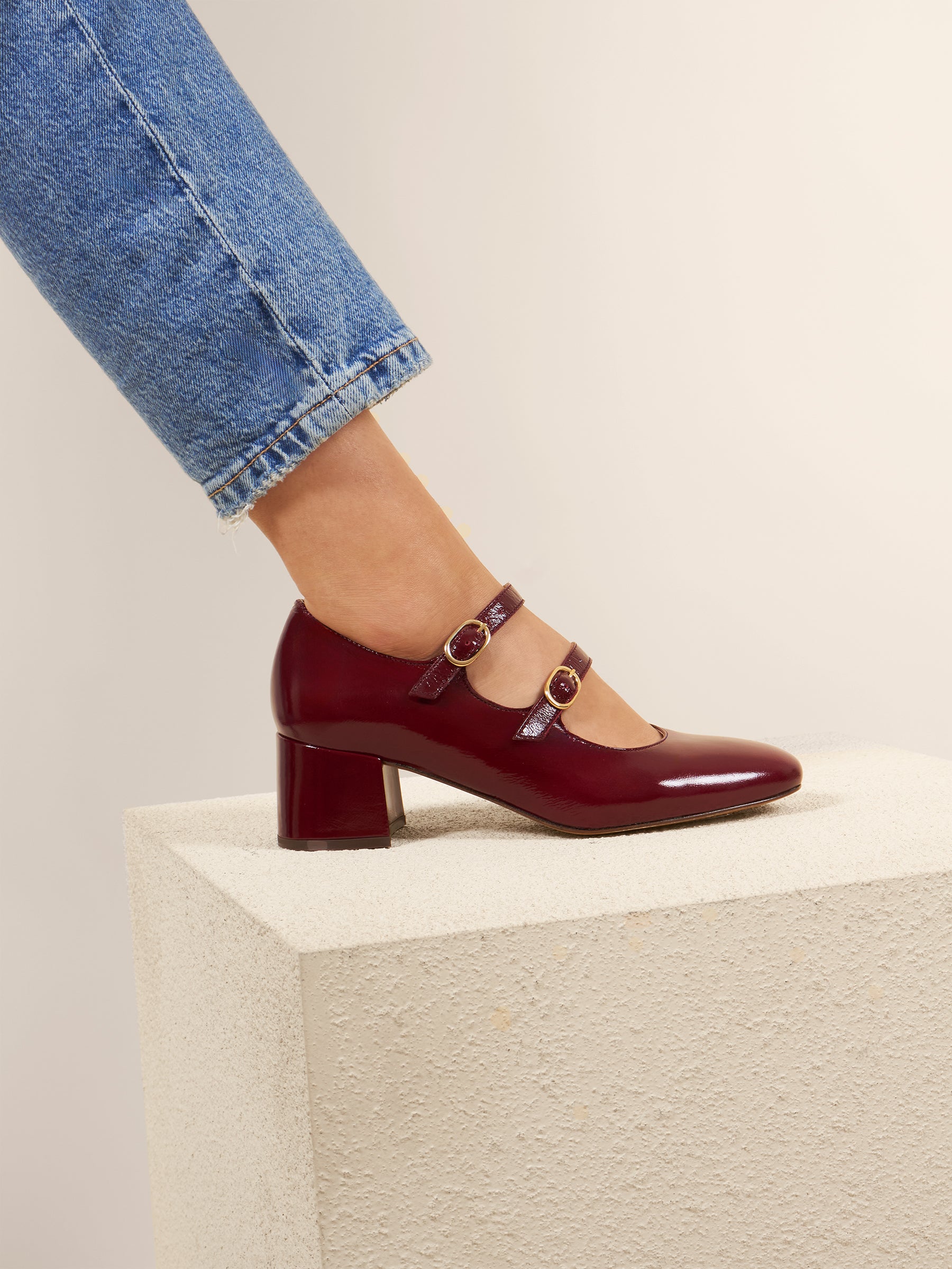 photo vue portée babies talon cuir vernis bordeaux jules & jenn