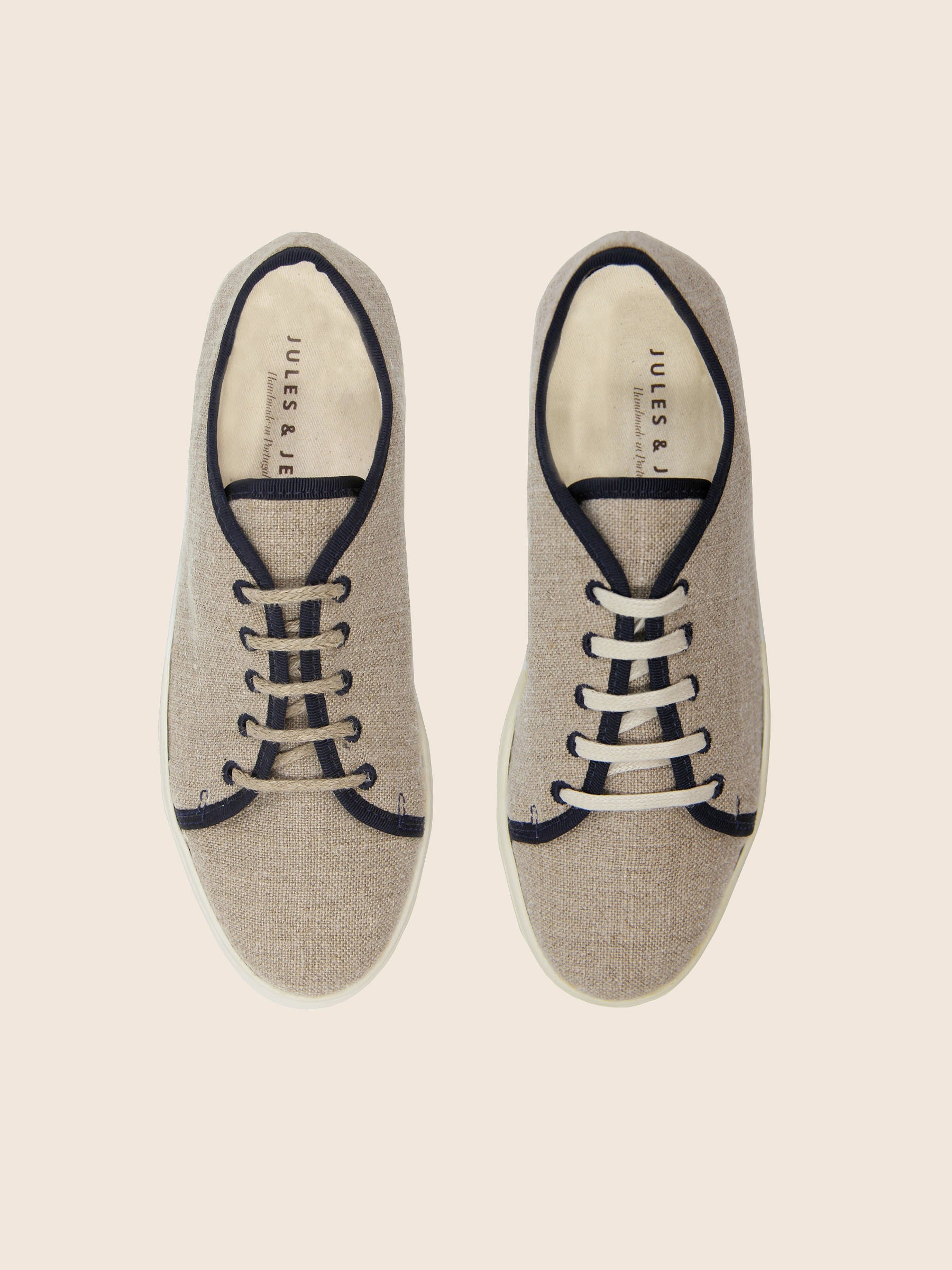 vue dessus baskets lin beige bleu jules & jenn
