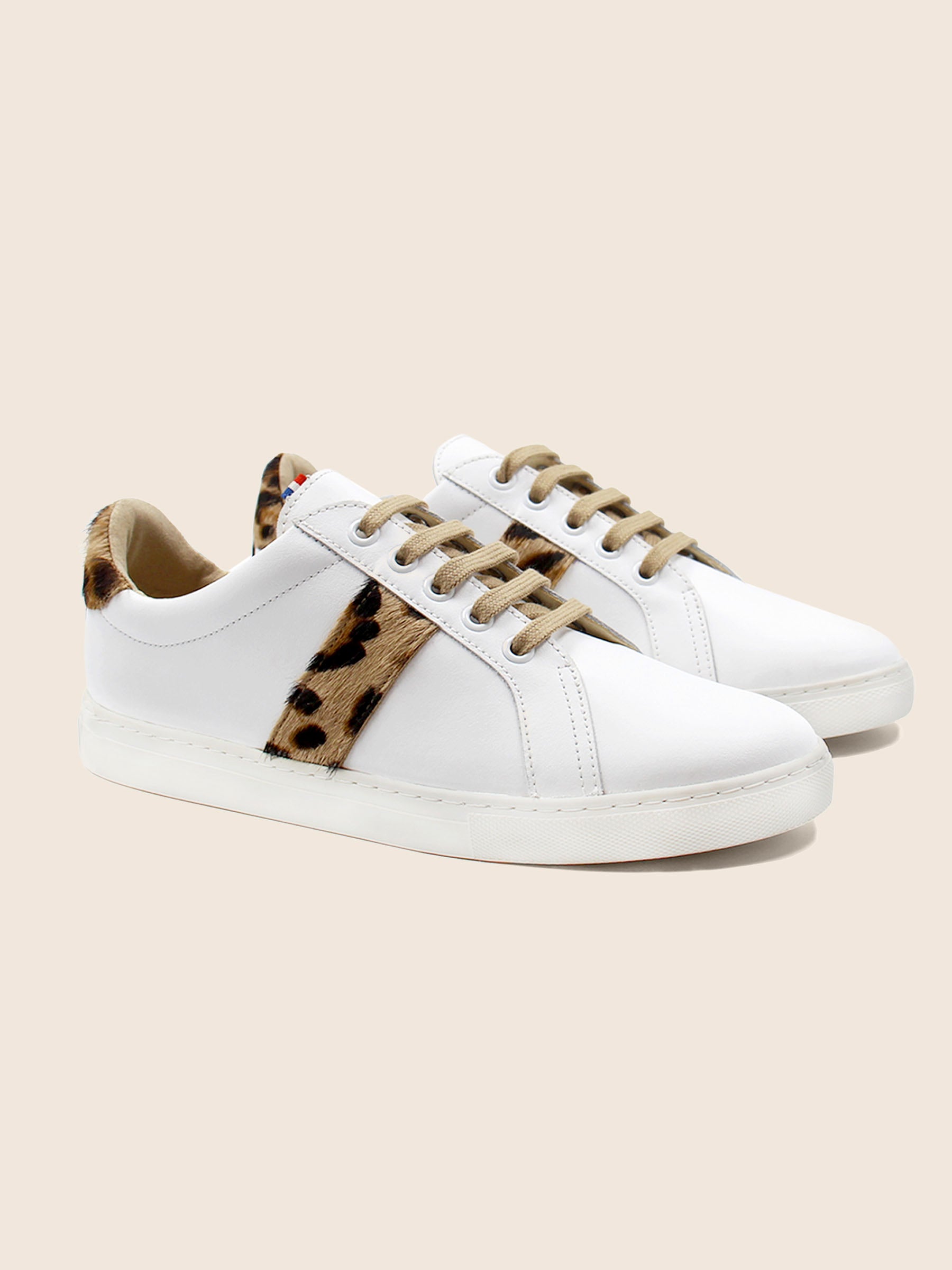 baskets made in france cuir blanc cuir imprime leopard jules & jenn