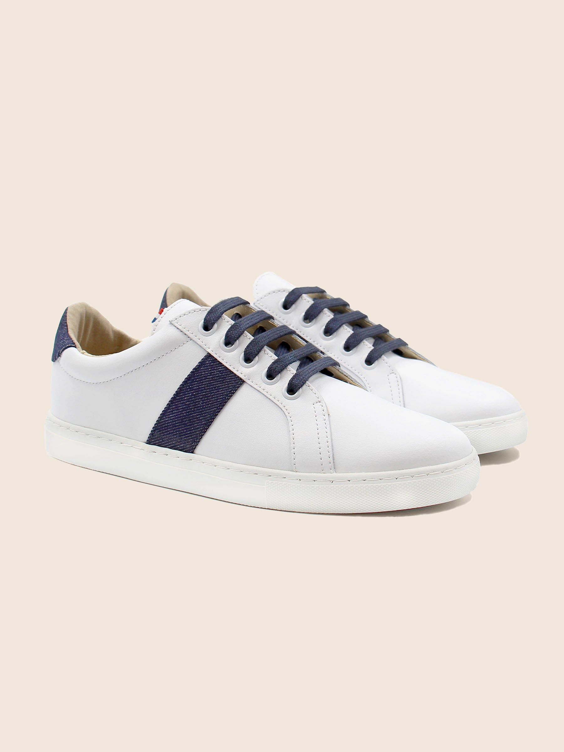 baskets made in france cuir blanc cuir toile denim jules & jenn
