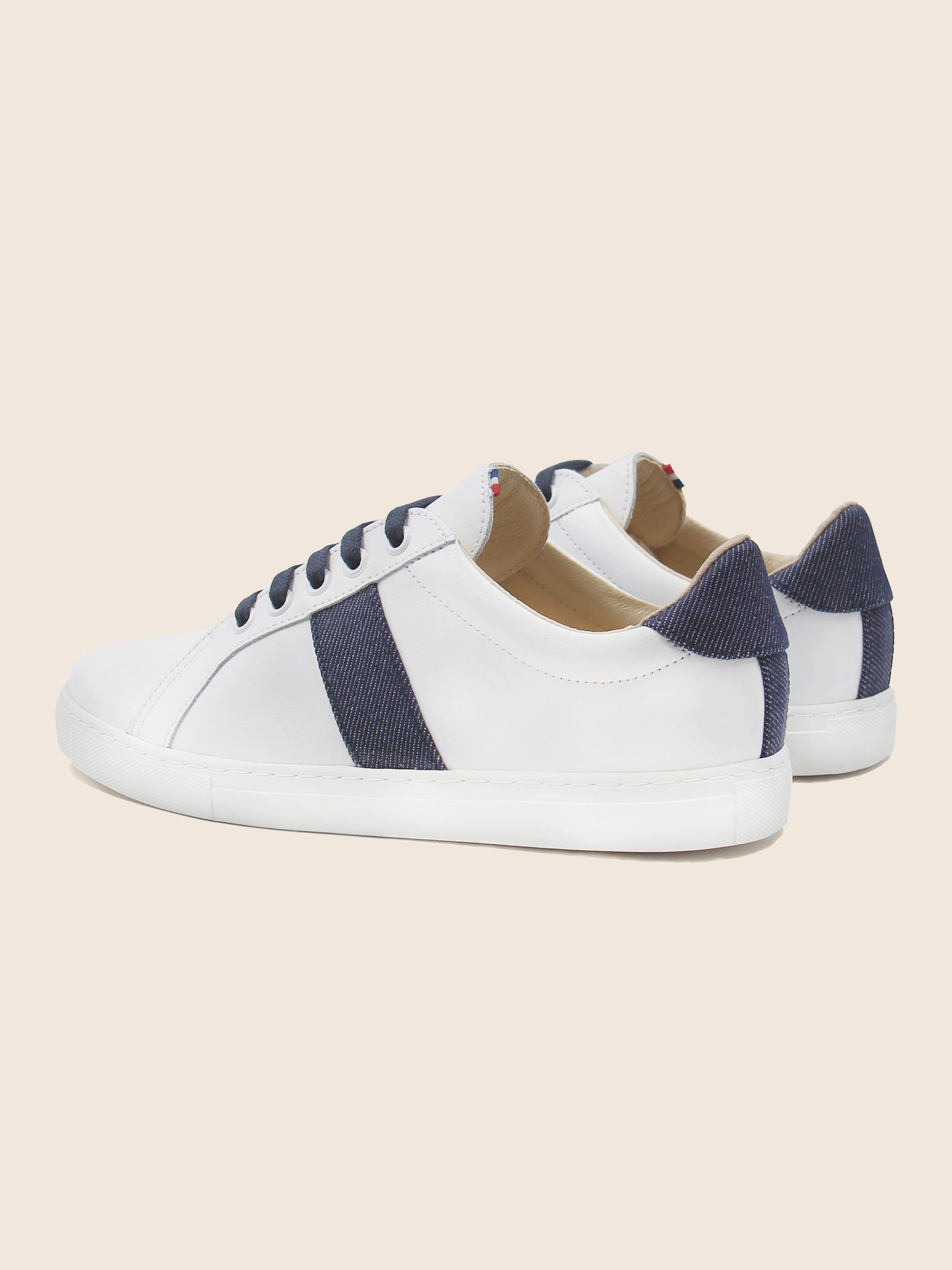 vue arriere baskets made in france cuir blanc cuir toile denim jules & jenn