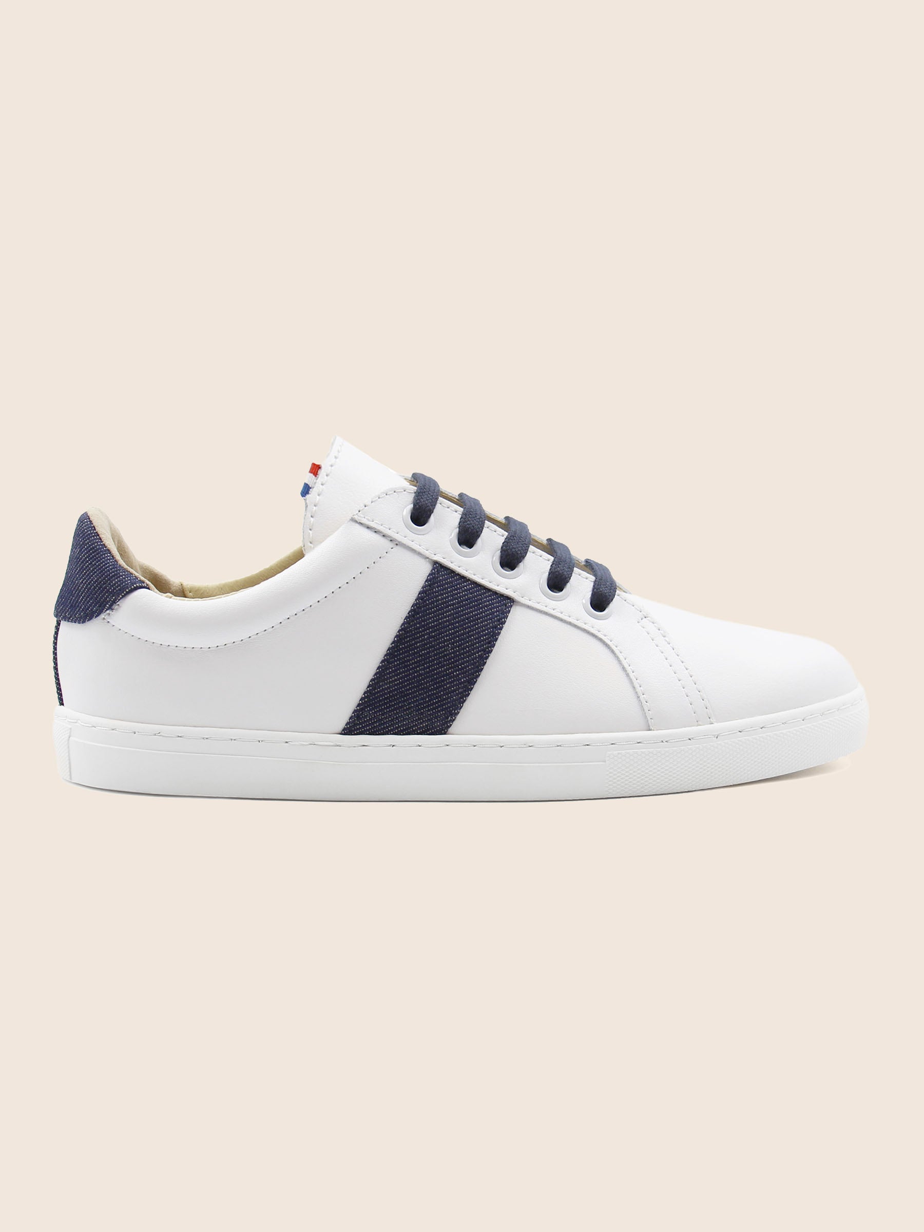 vue profil baskets made in france cuir blanc cuir toile denim jules & jenn