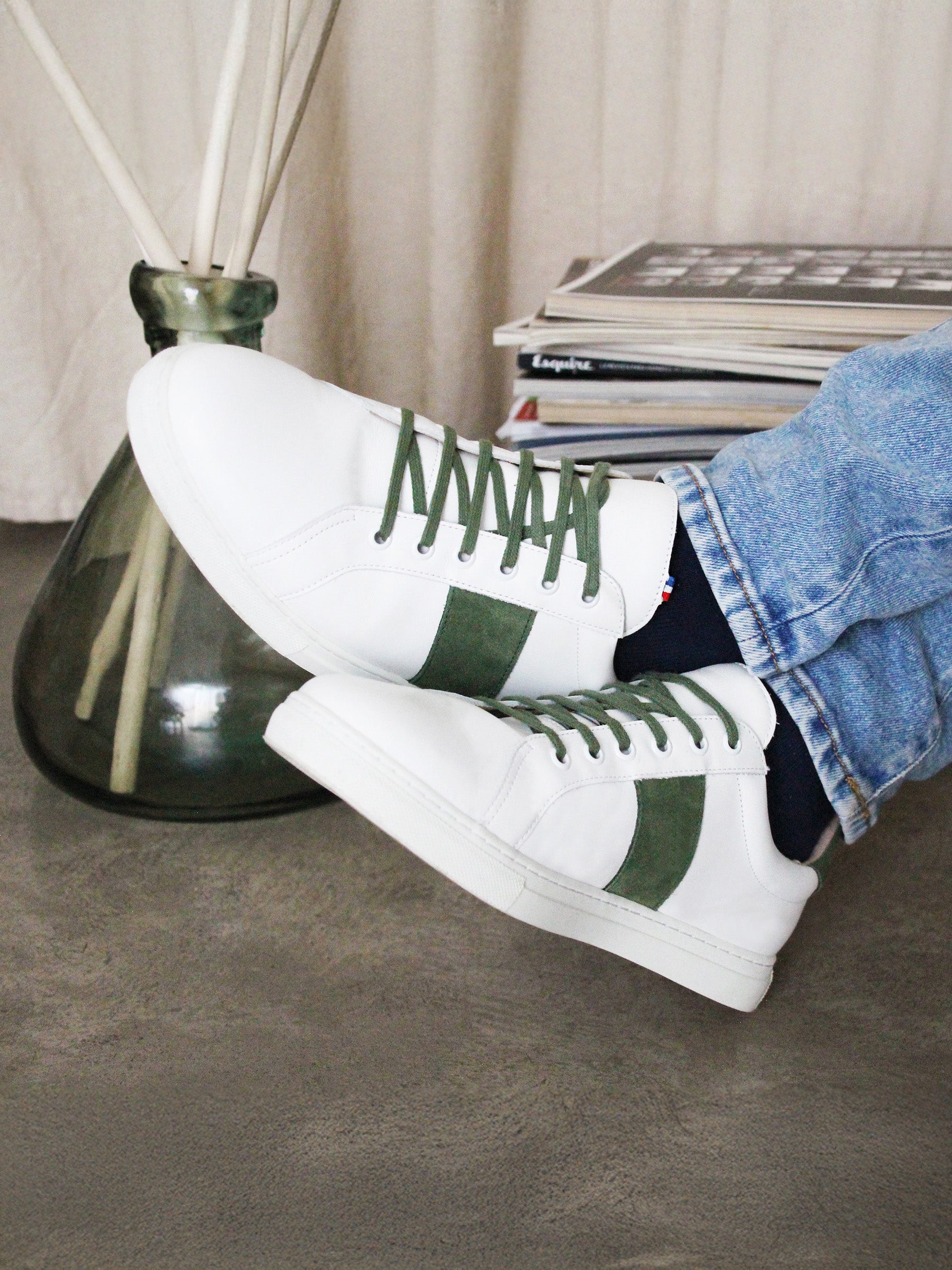 vue portée baskets made in france cuir blanc kaki jules & jenn