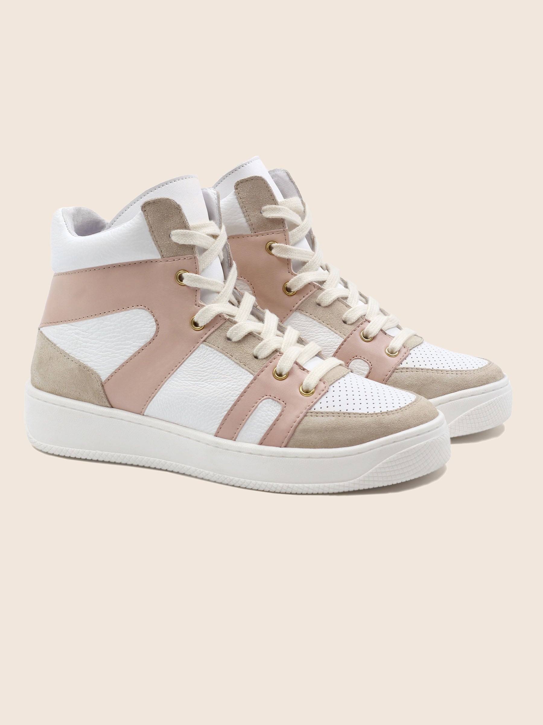 baskets montantes cuir graine blanc & rose jules & jenn