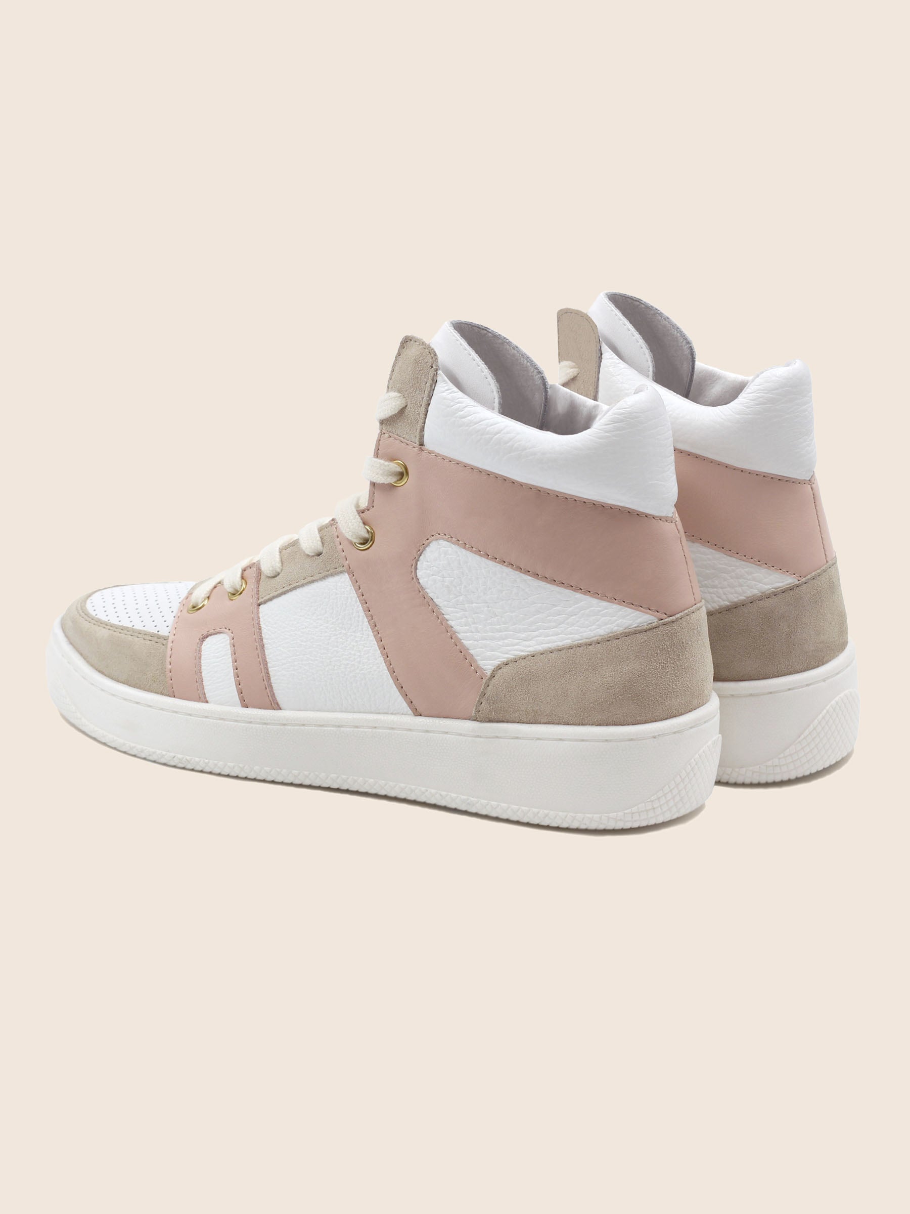 vue arriere baskets montantes cuir graine blanc & rose jules & jenn