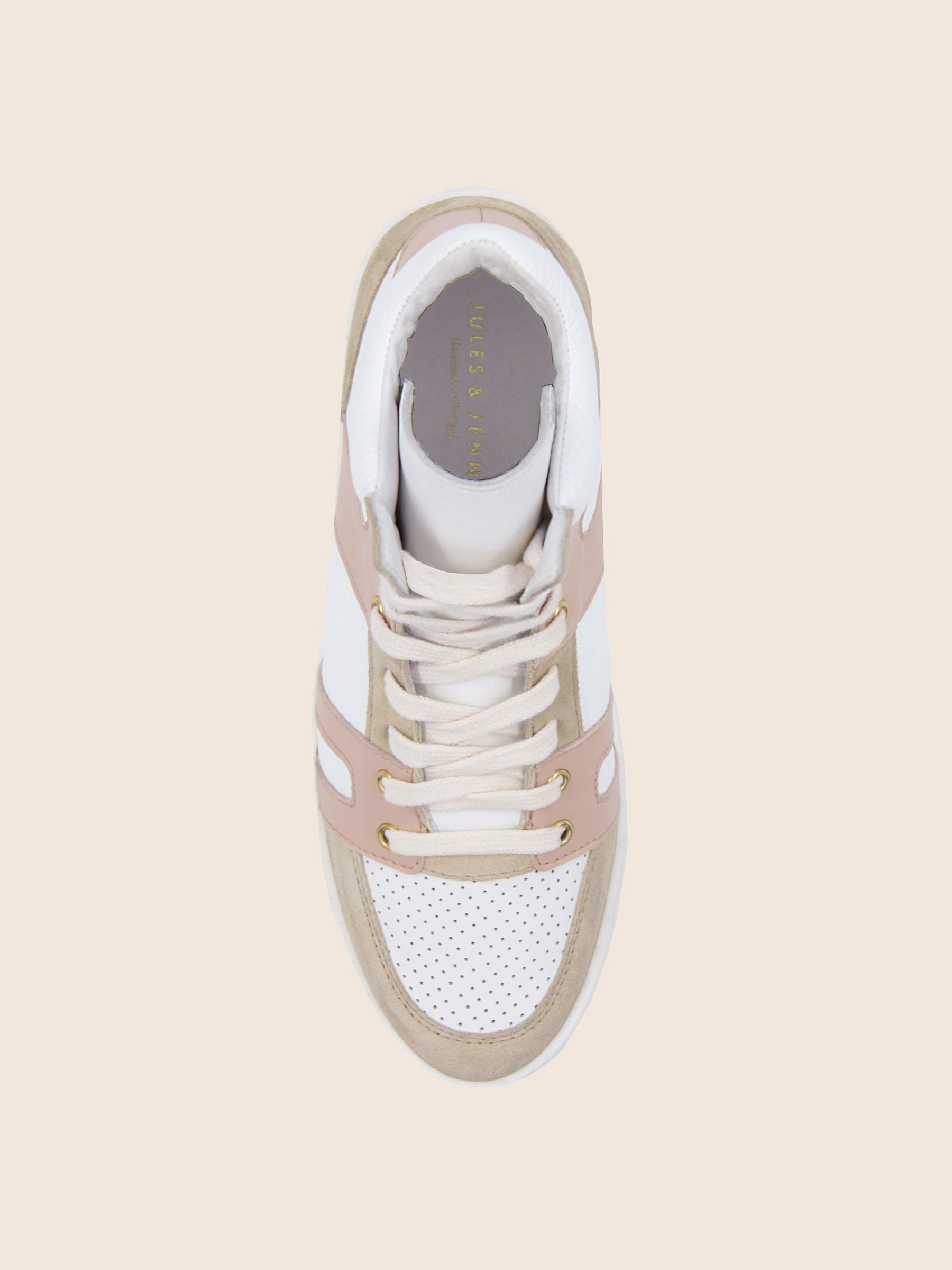 vue dessus baskets montantes cuir graine blanc & rose jules & jenn