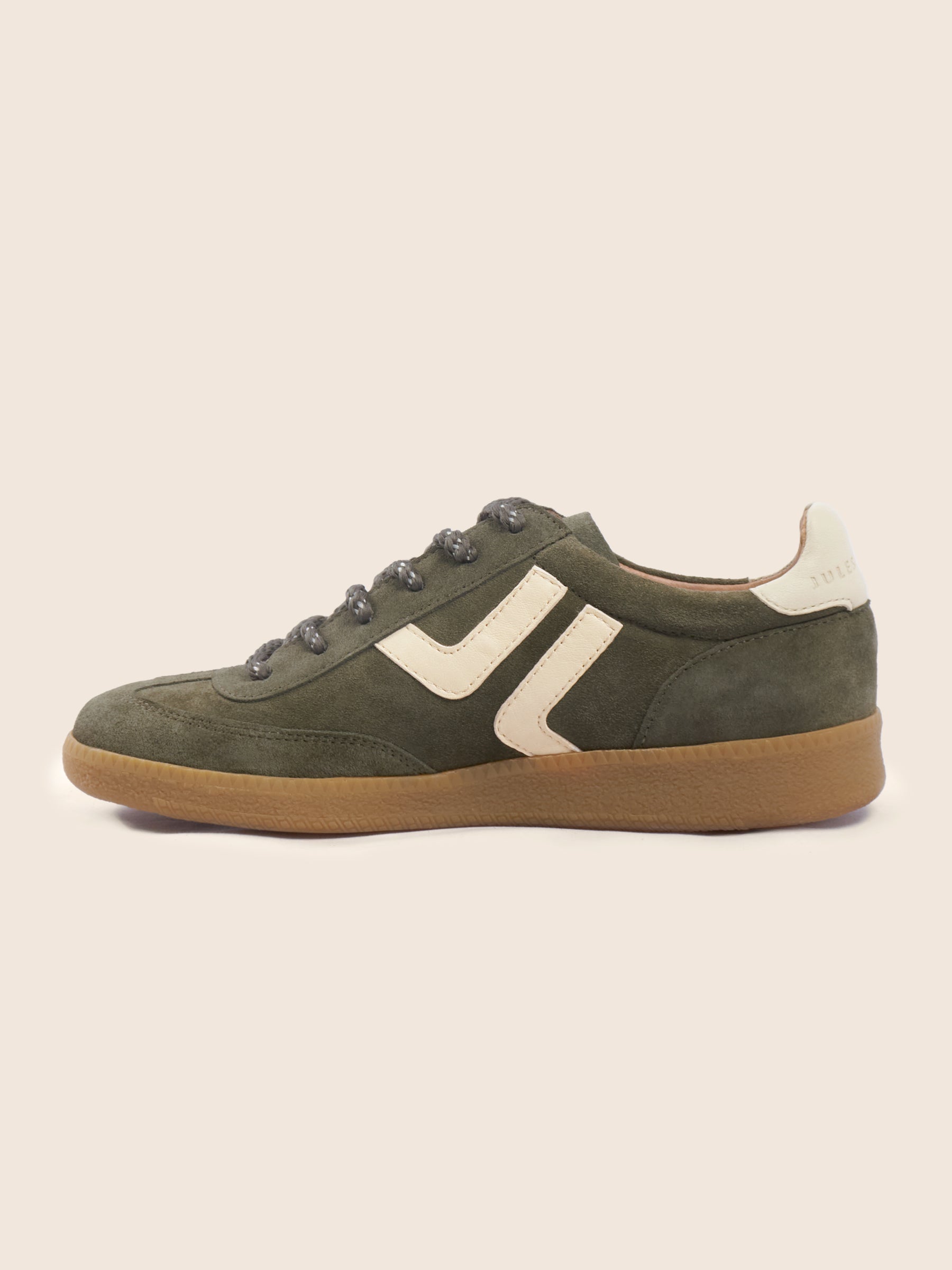 vue interieure baskets retro ninon cuir daim kaki ecru jules & jenn