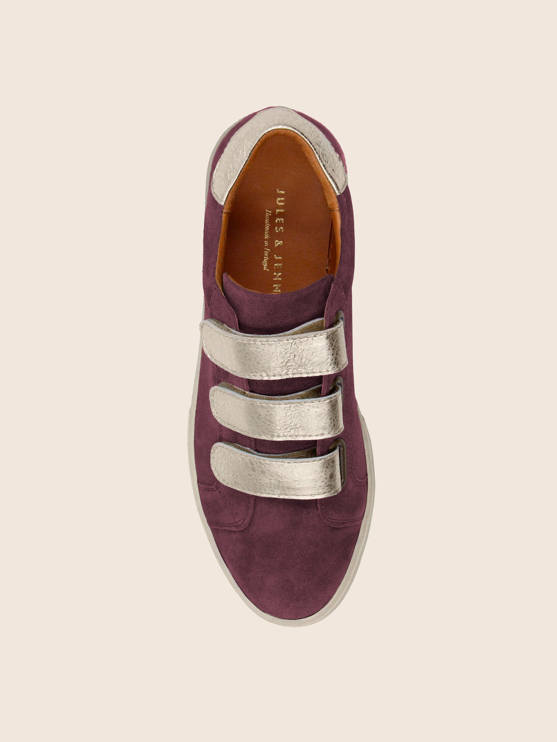vue dessus baskets scratch cuir daim bordeaux et doré jules & jenn