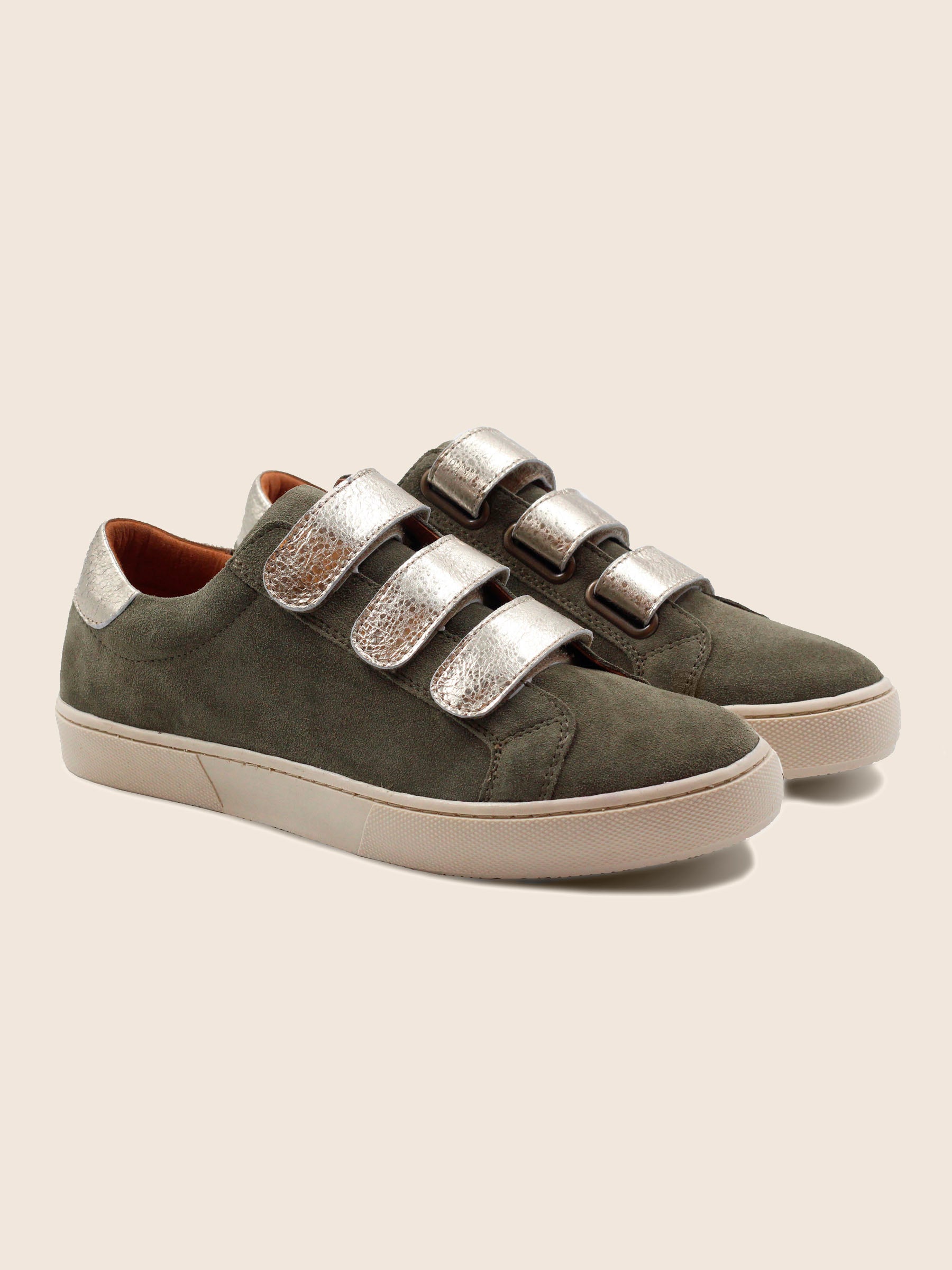 baskets à scratch cuir daim kaki et doré JULES & JENN