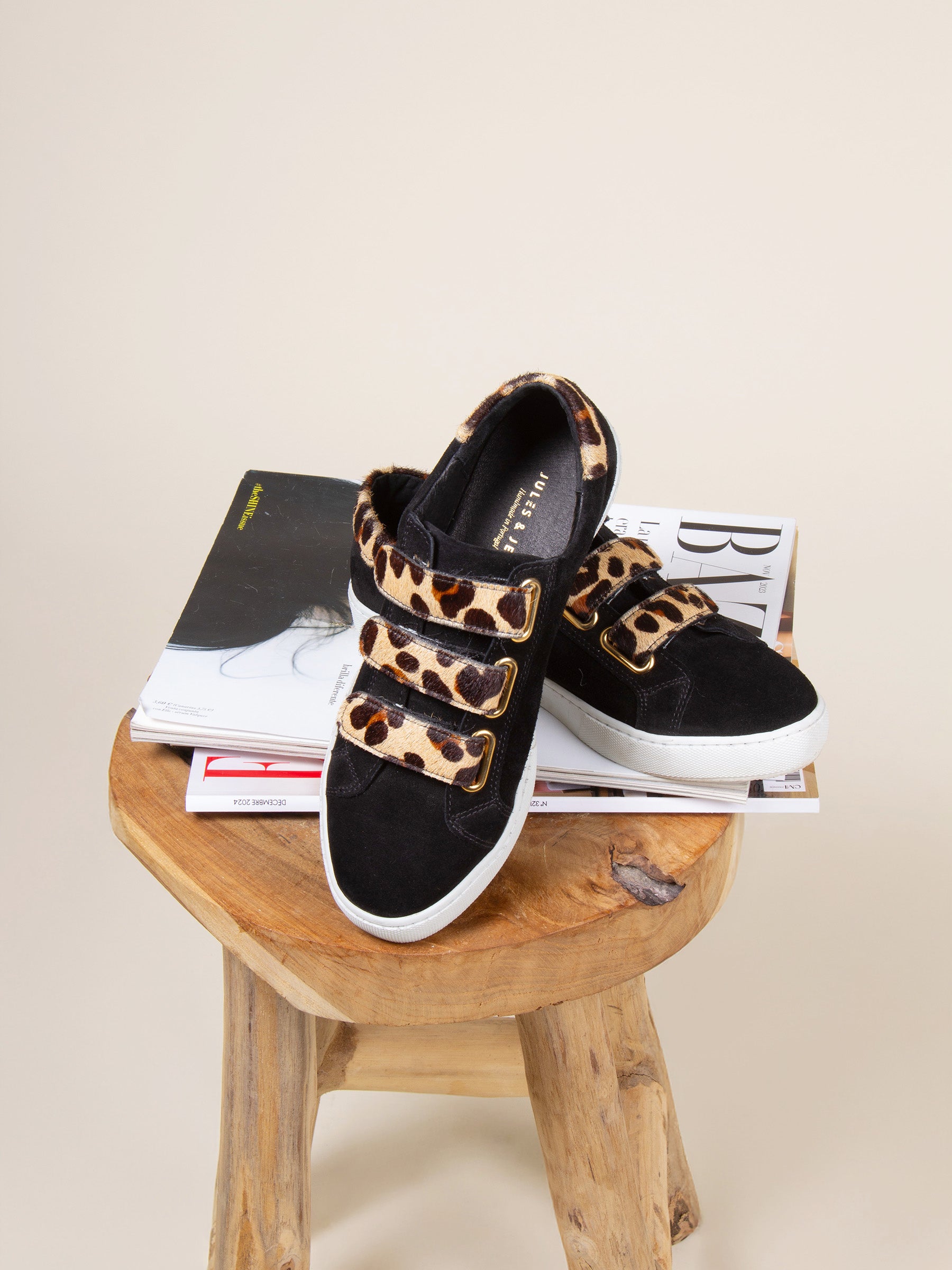 vue posée baskets scratch cuir daim noir leopard jules & jenn