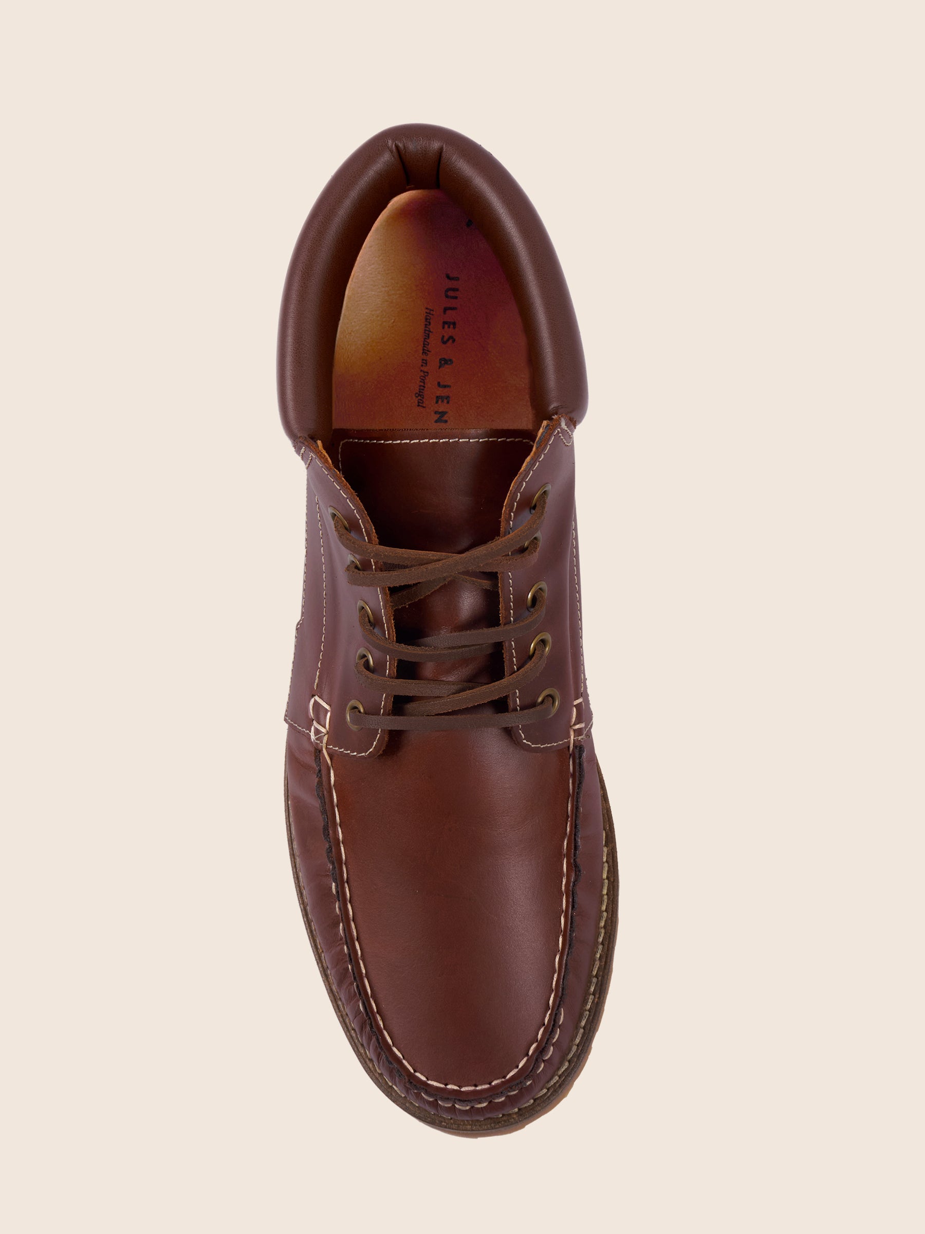 photo vue dessus boots ateau campons tom cuir cognac jules jenn